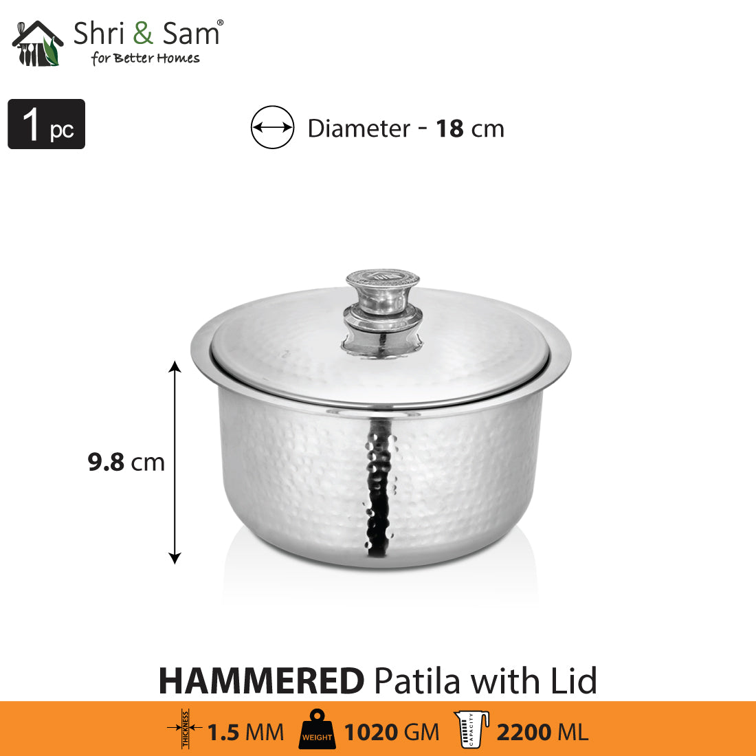 Stainless Steel Heavy Weight Hammered Patila with SS Lid