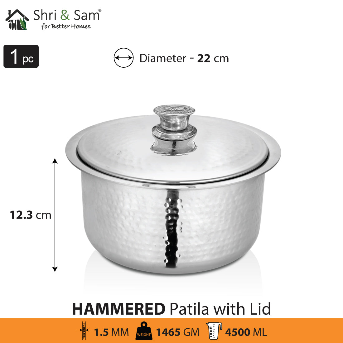 Stainless Steel Heavy Weight Hammered Patila with SS Lid