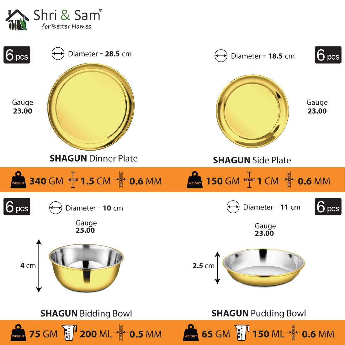 Stainless Steel 50 PCS Dinner Set with Gold PVD Coating (6 People) Shagun