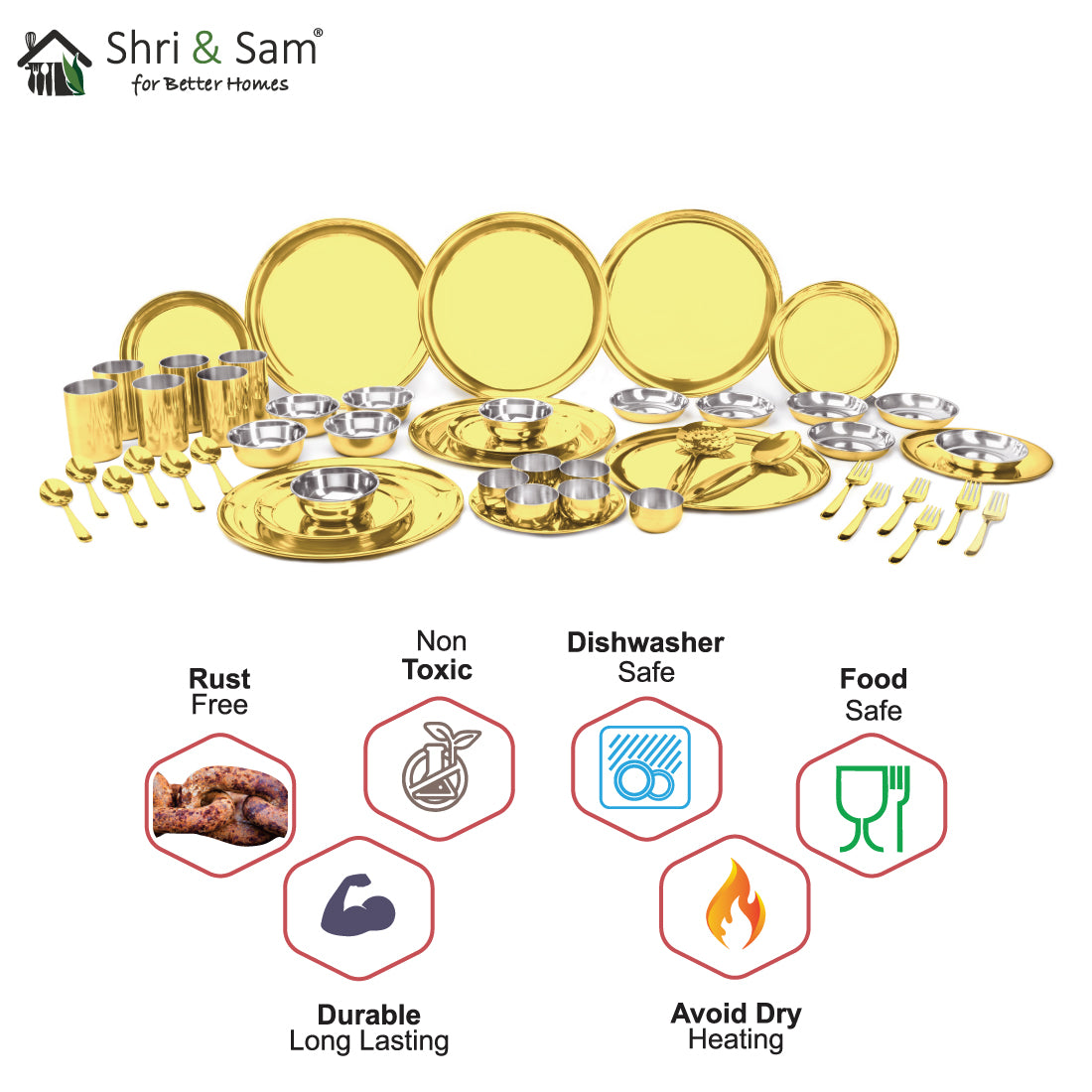 Stainless Steel 50 PCS Dinner Set with Gold PVD Coating (6 People) Shagun