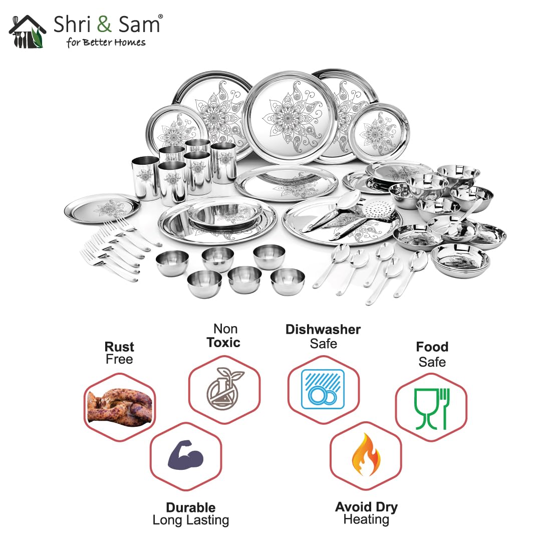 Stainless Steel 50 Pcs Dinner Set (6 People) Shagun Glory Laser Design