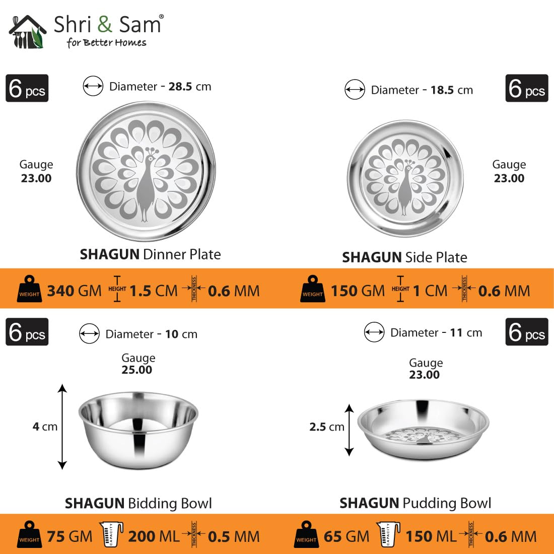 Stainless Steel 50 Pcs Dinner Set (6 People) Shagun with Peacock Laser Deign