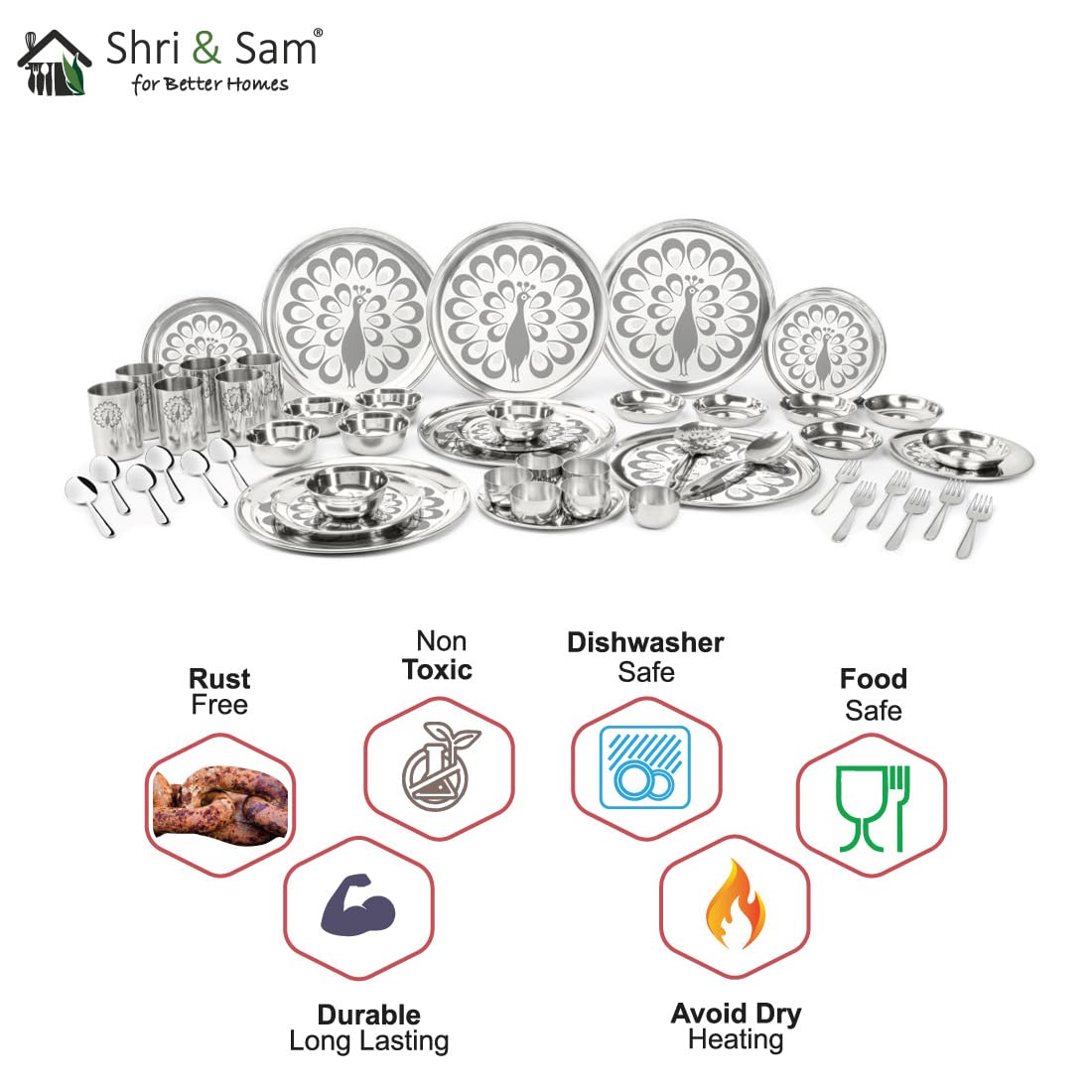 Stainless Steel 50 Pcs Dinner Set (6 People) Shagun with Peacock Laser Deign