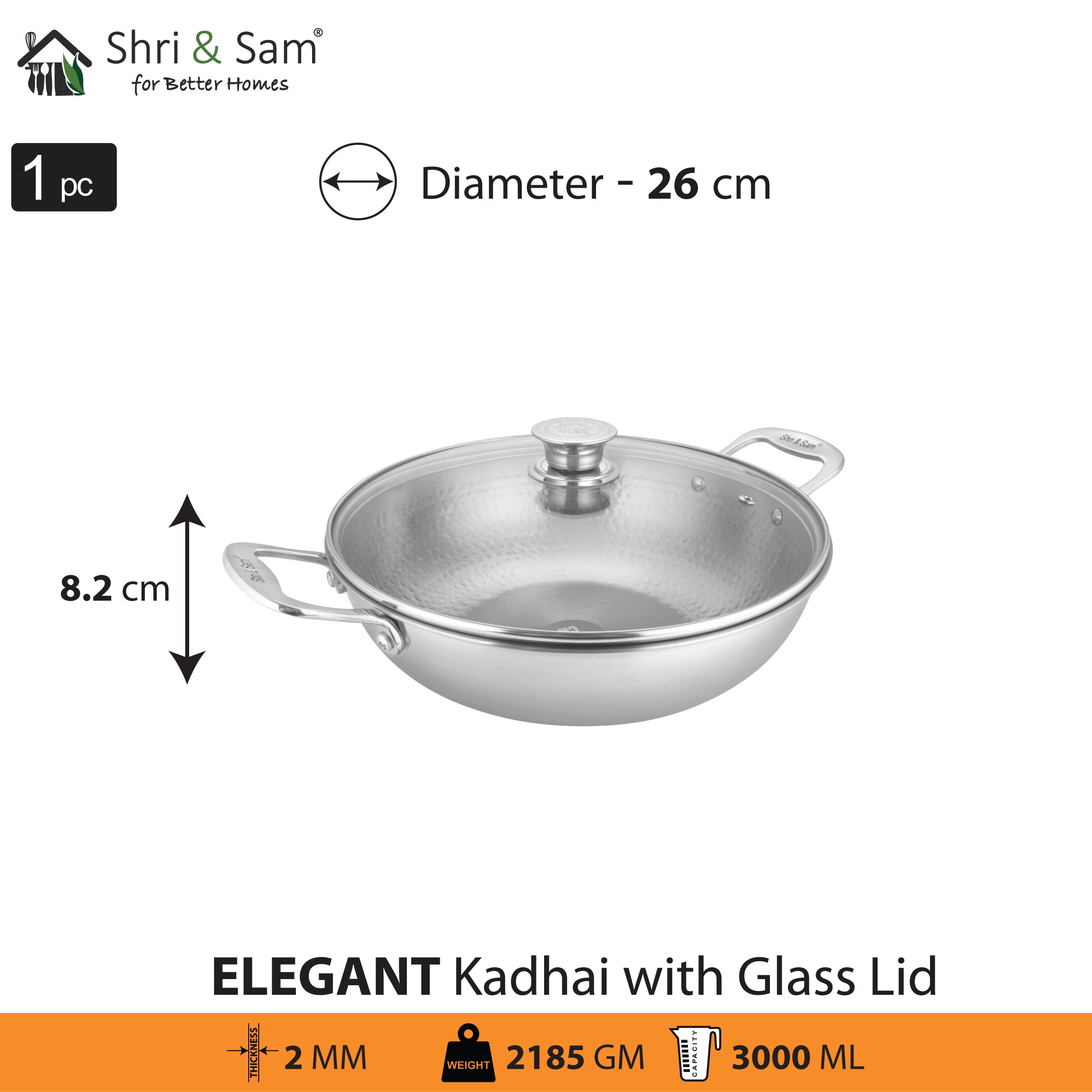 Stainless Steel Heavy Weight Hammered Kadhai with Glass Lid Elegant