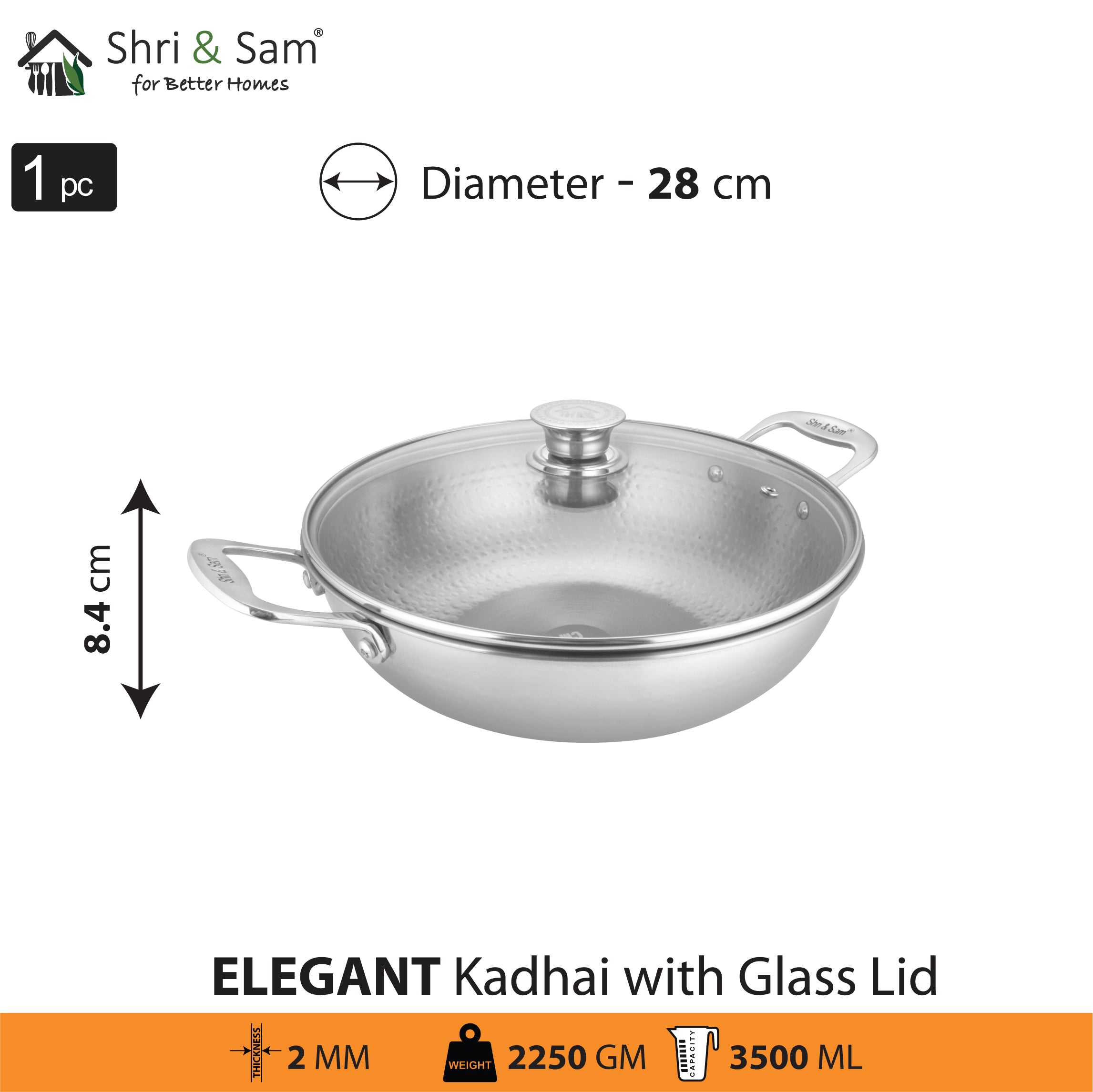 Stainless Steel Heavy Weight Hammered Kadhai with Glass Lid Elegant