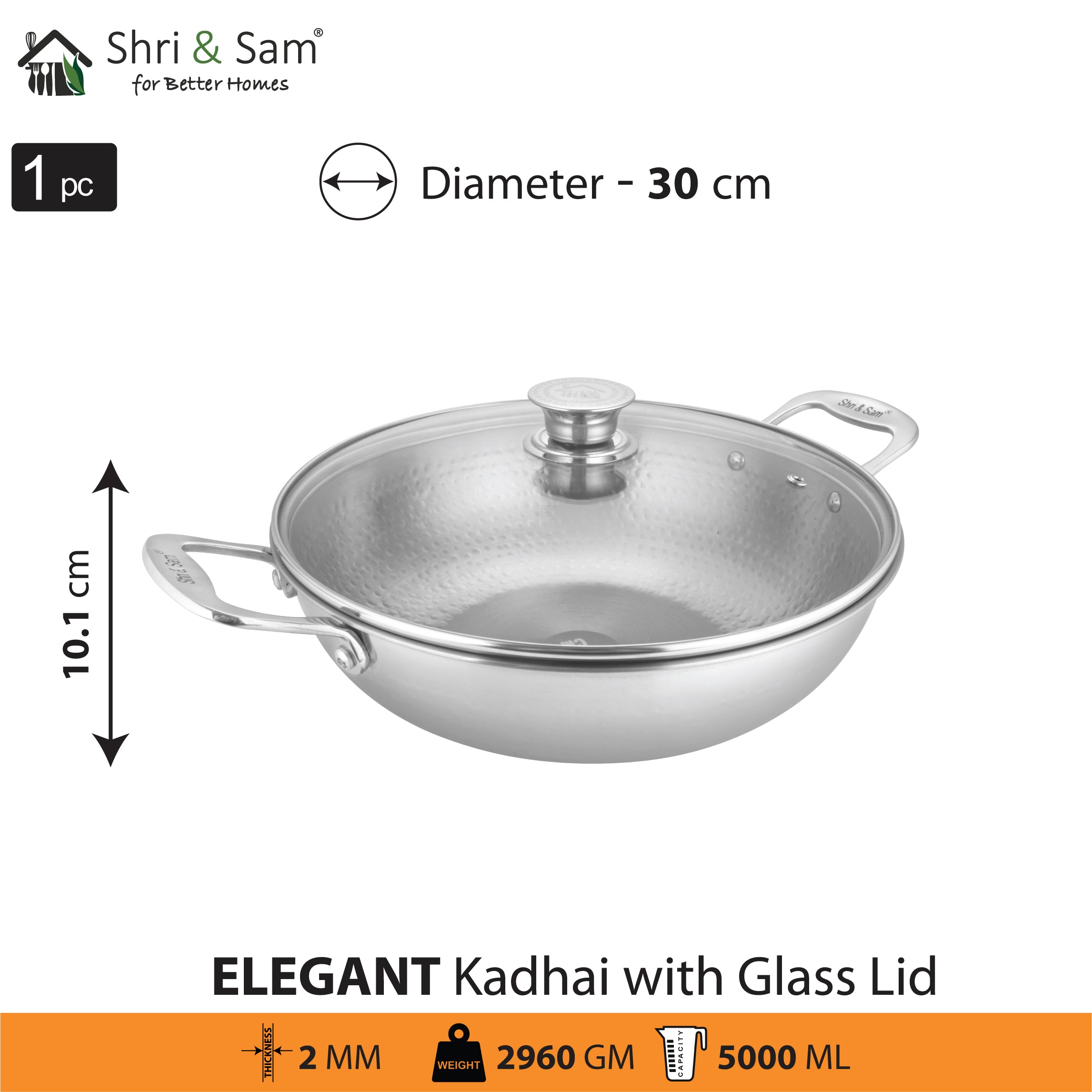 Stainless Steel Heavy Weight Hammered Kadhai with Glass Lid Elegant