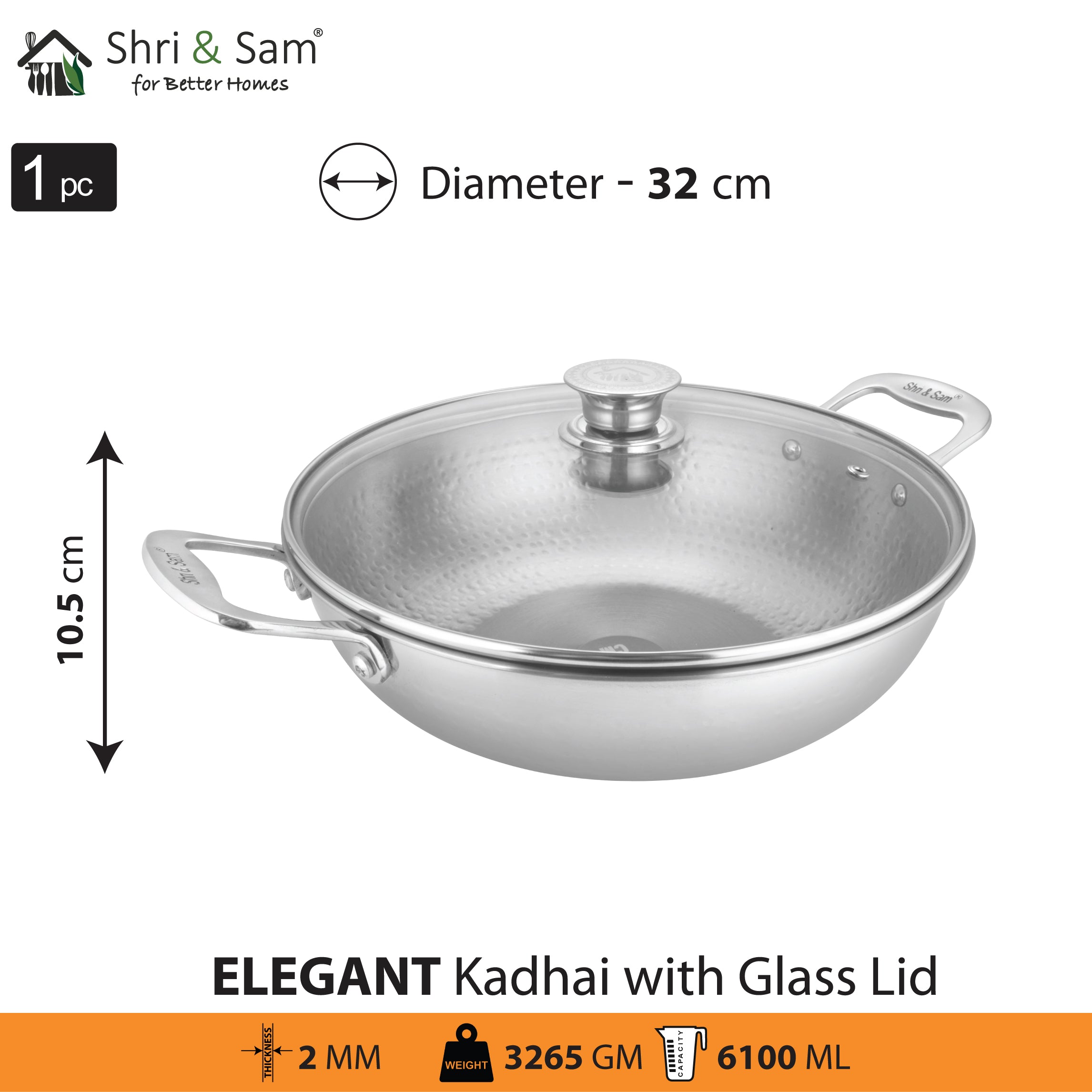 Stainless Steel Heavy Weight Hammered Kadhai with Glass Lid Elegant