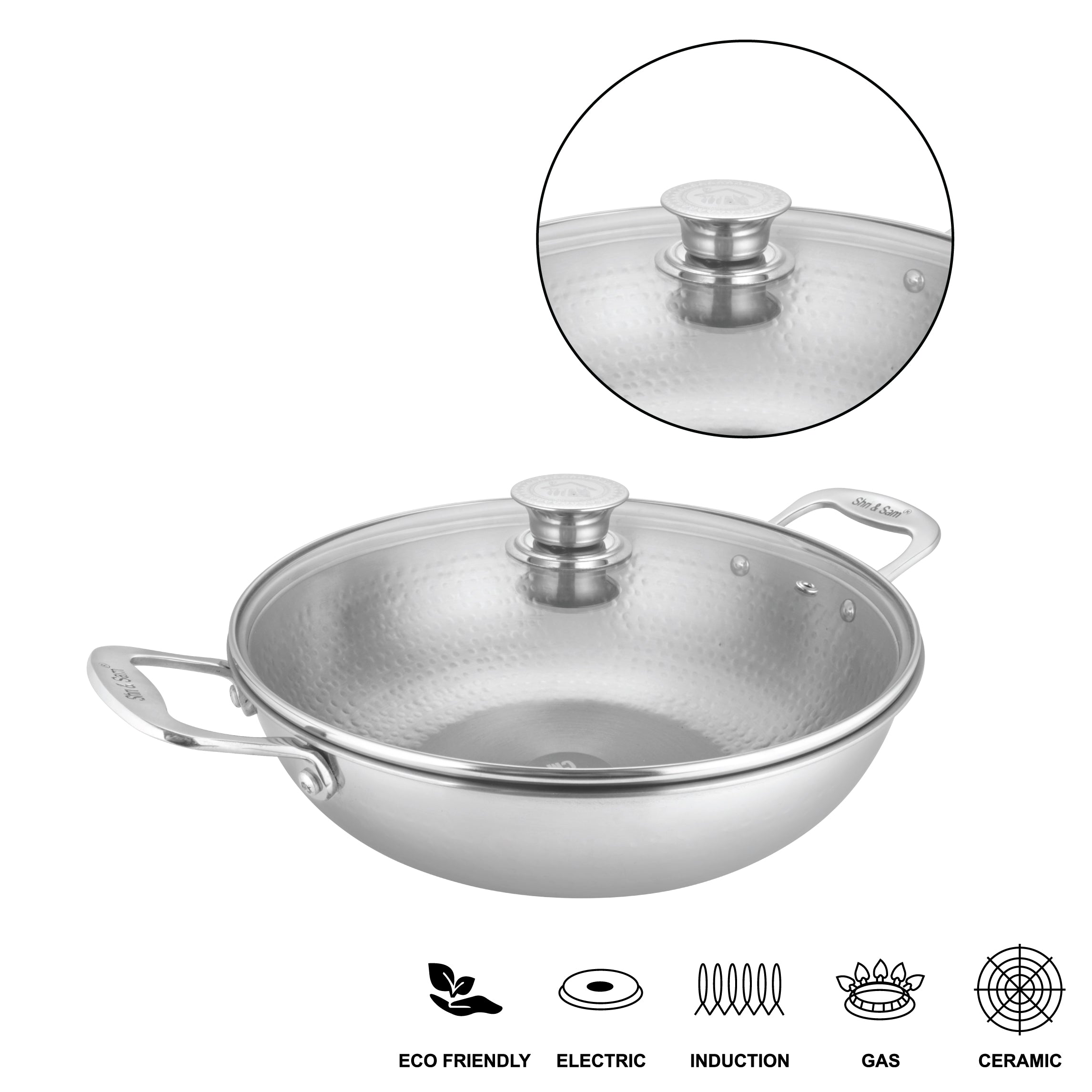 Stainless Steel Heavy Weight Hammered Kadhai with Glass Lid Elegant