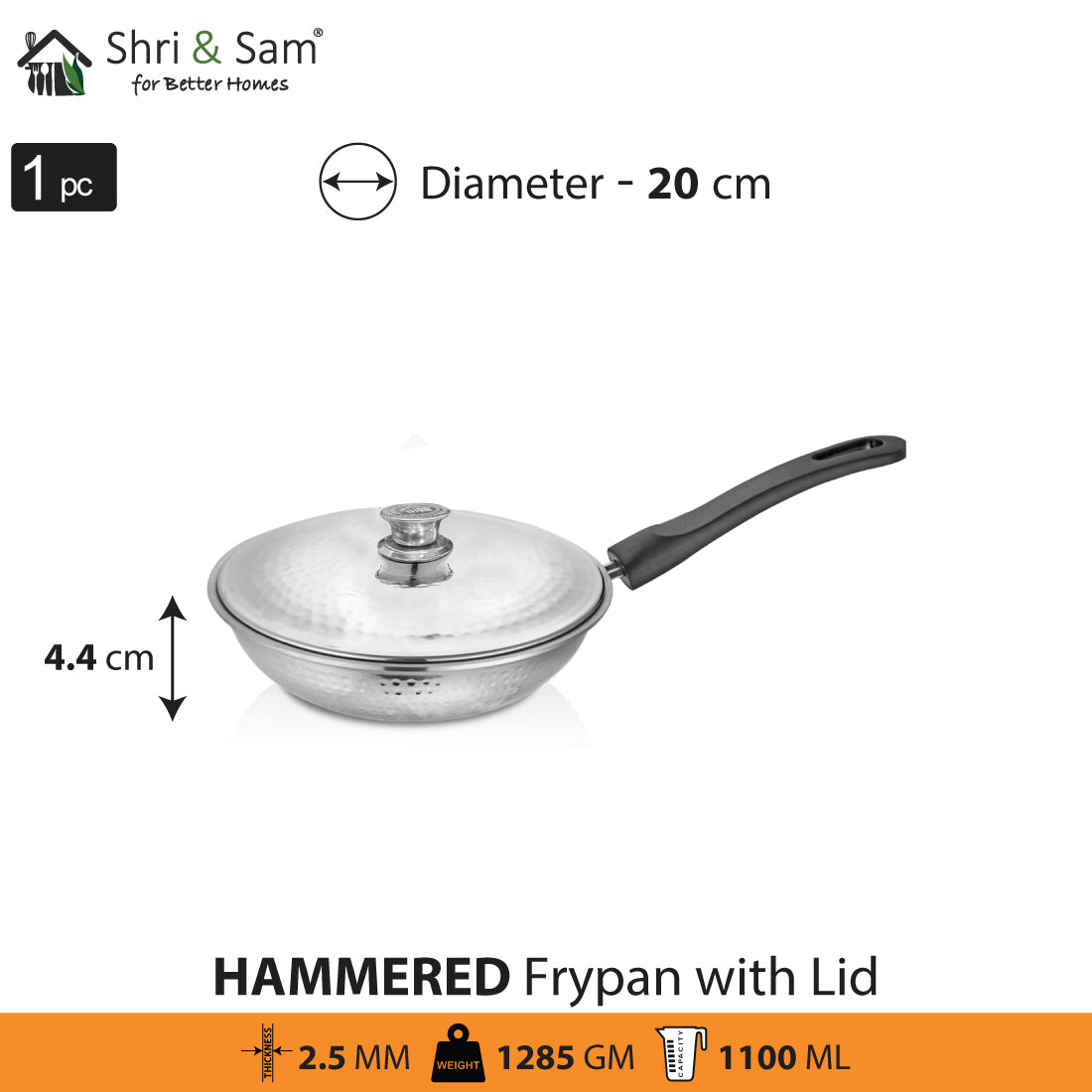 Stainless Steel Heavy Weight Hammered Fry Pan with SS Lid