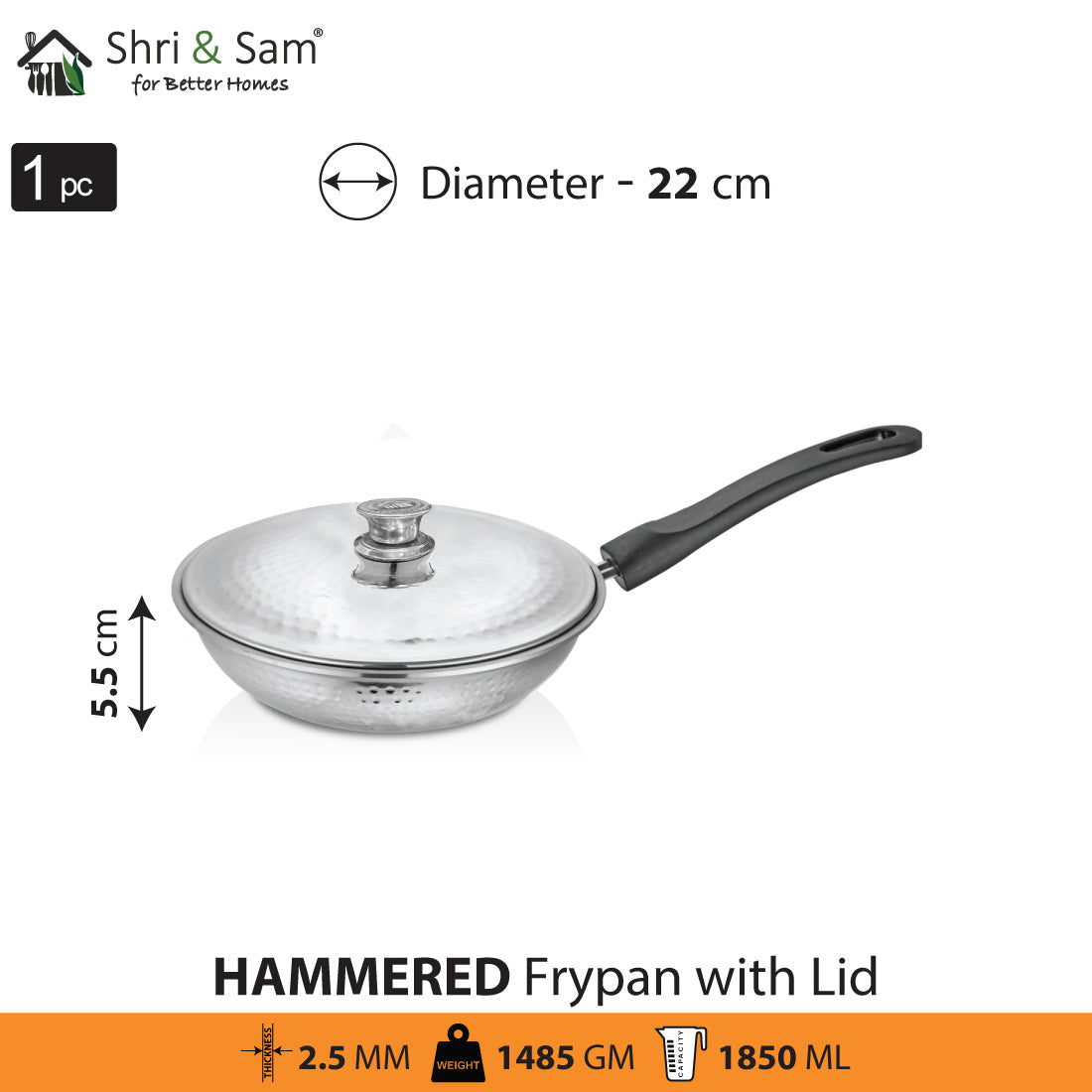 Stainless Steel Heavy Weight Hammered Fry Pan with SS Lid