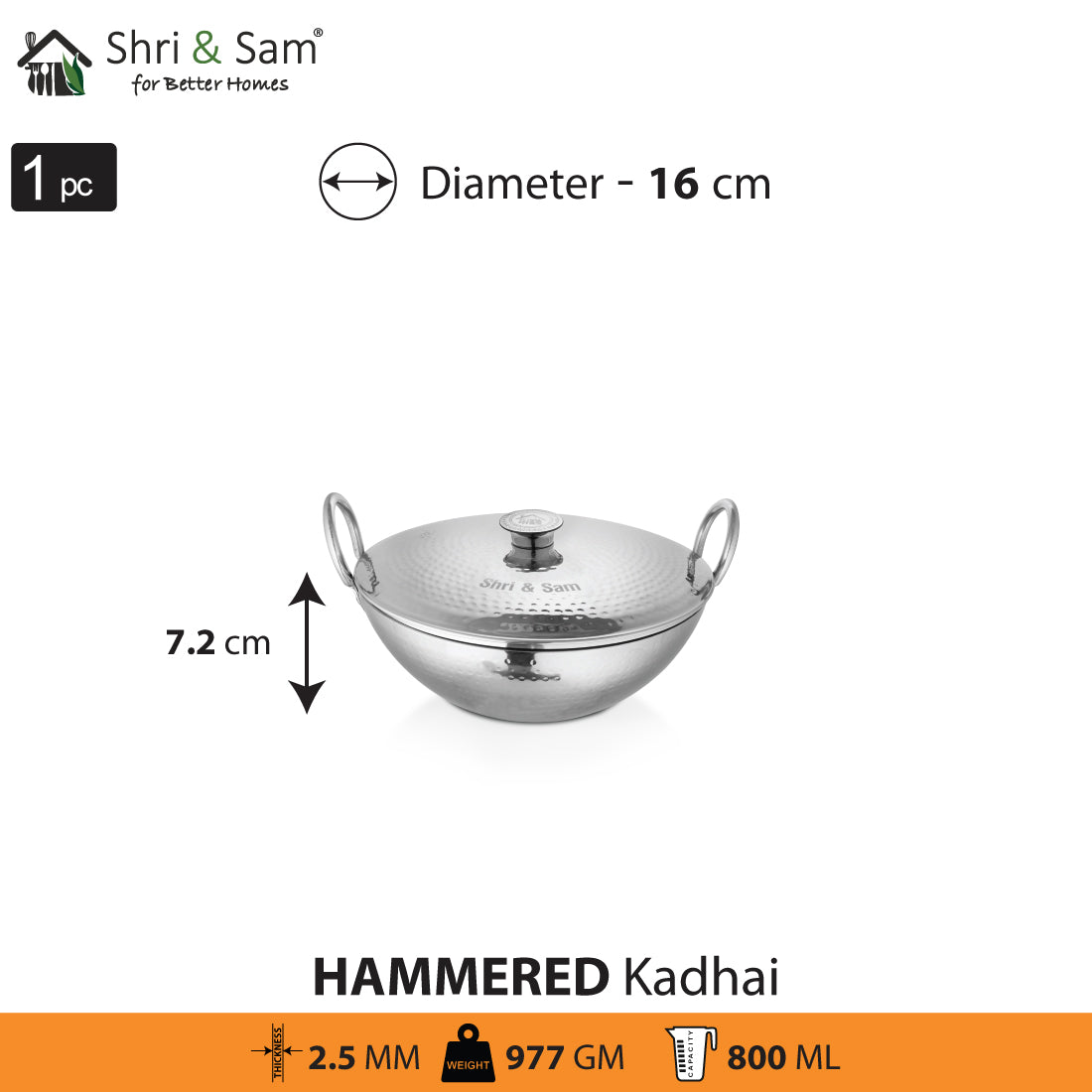 Stainless Steel Heavy Weight Hammered Kadhai with SS Lid