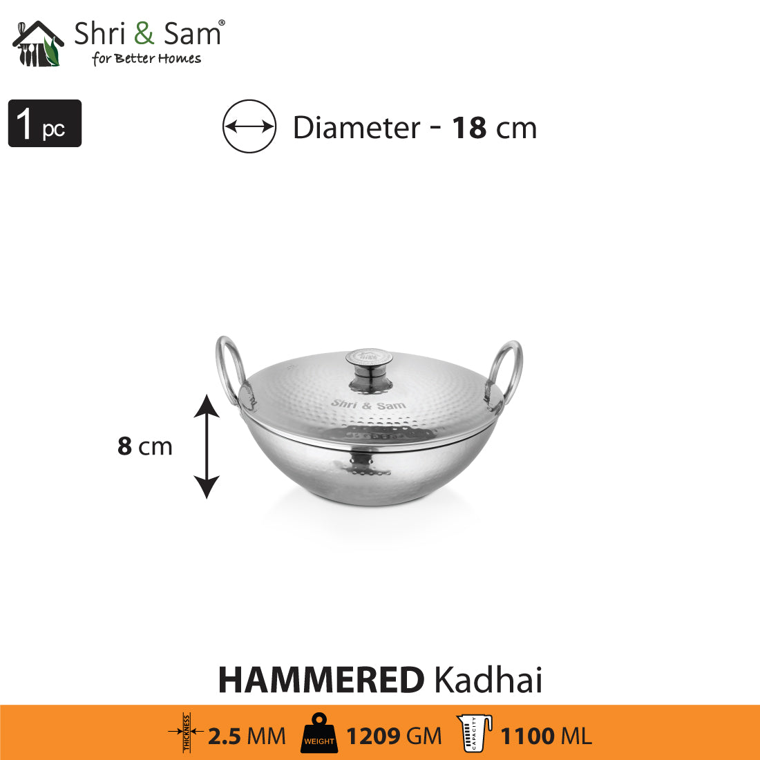 Stainless Steel Heavy Weight Hammered Kadhai with SS Lid