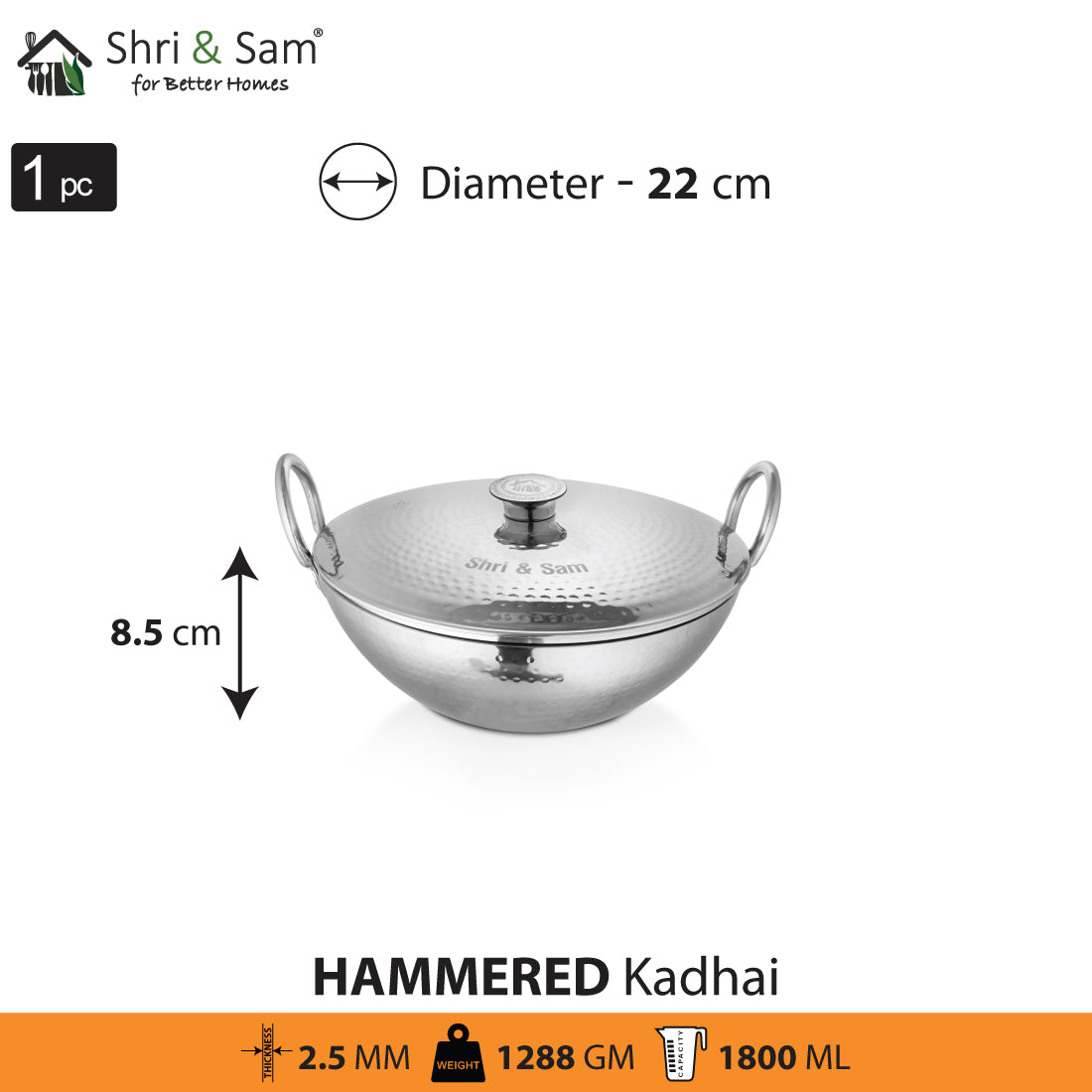 Stainless Steel Heavy Weight Hammered Kadhai with SS Lid