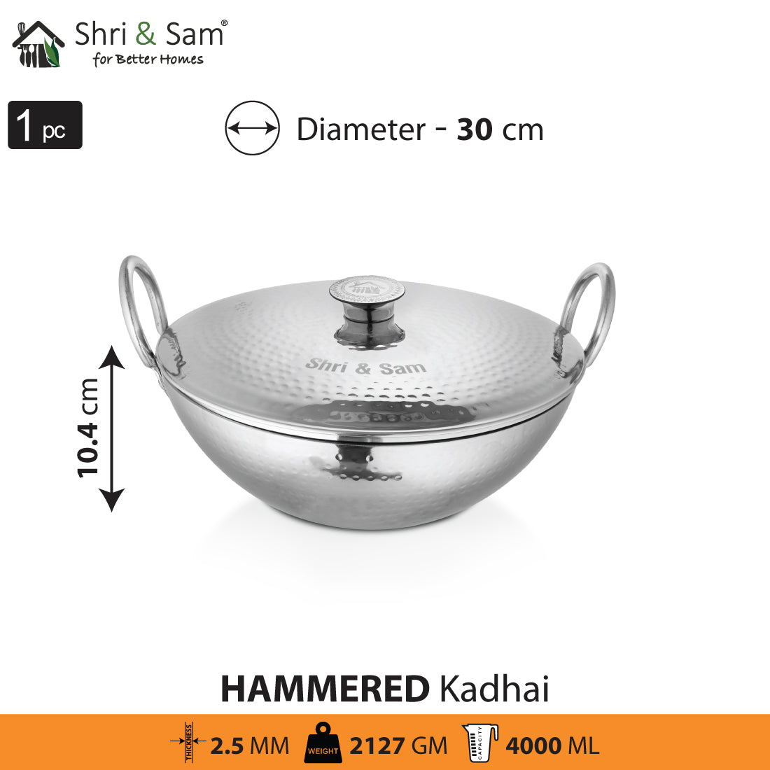 Stainless Steel Heavy Weight Hammered Kadhai with SS Lid