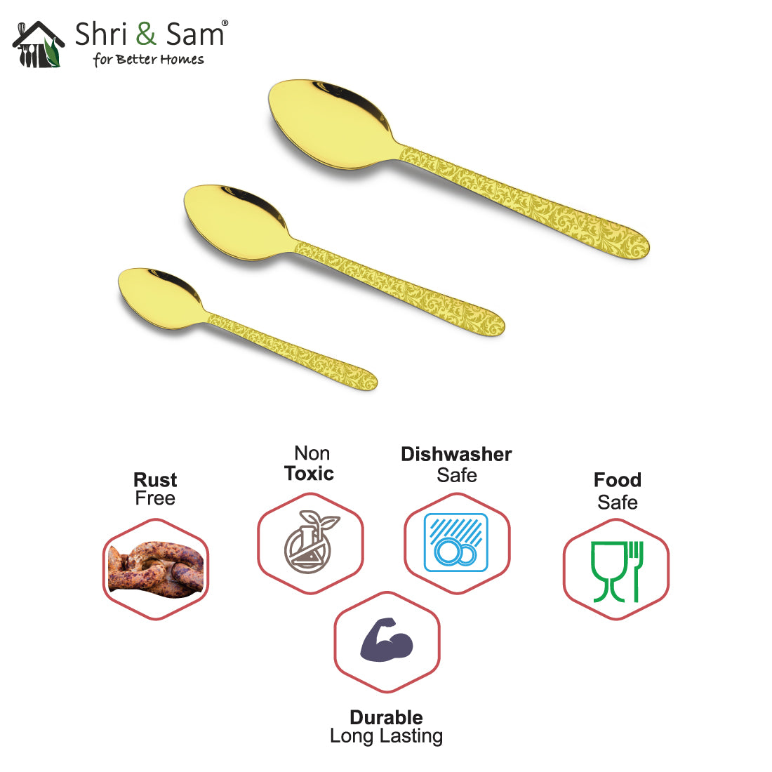 Stainless Steel Basting Spoon Solid with Gold PVD Coating and Laser Jasmine