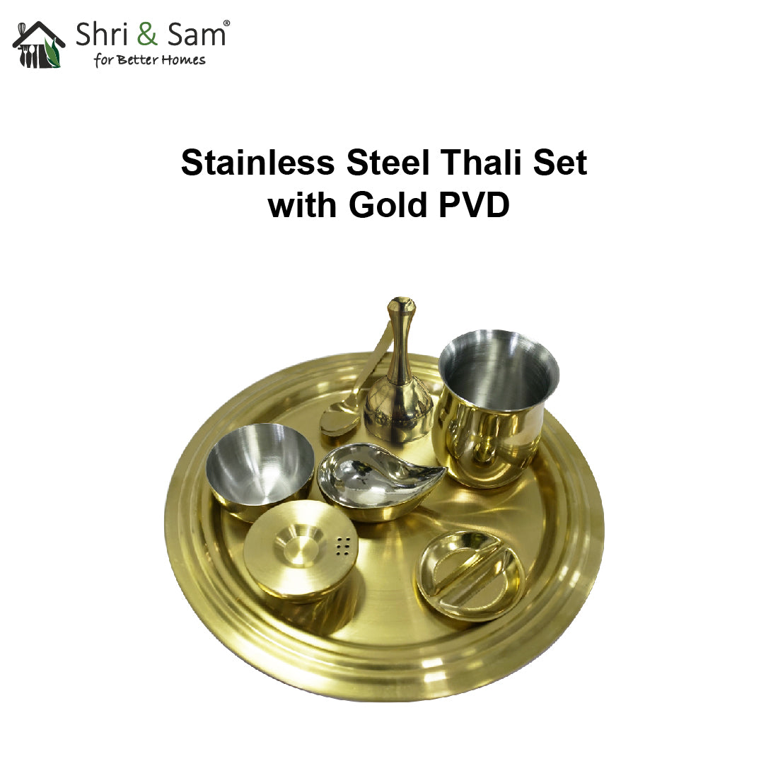 Stainless Steel Pooja Thali Set with Gold PVD Coating
