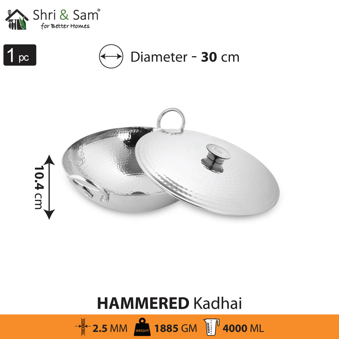 Stainless Steel Triply Deep Hammered Kadhai with SS Lid Pro