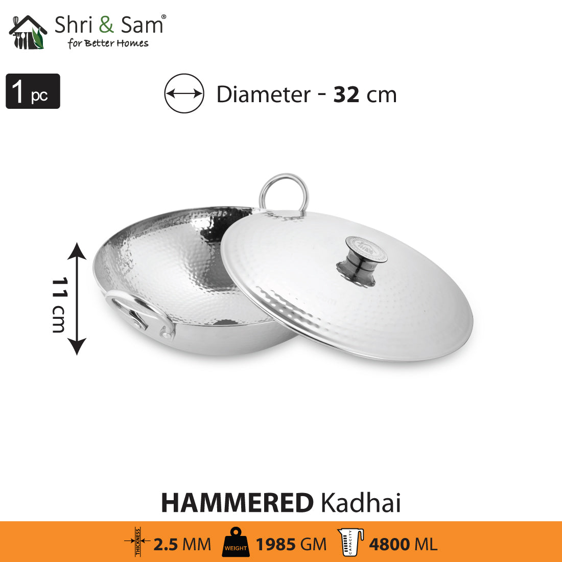 Stainless Steel Triply Deep Hammered Kadhai with SS Lid Pro