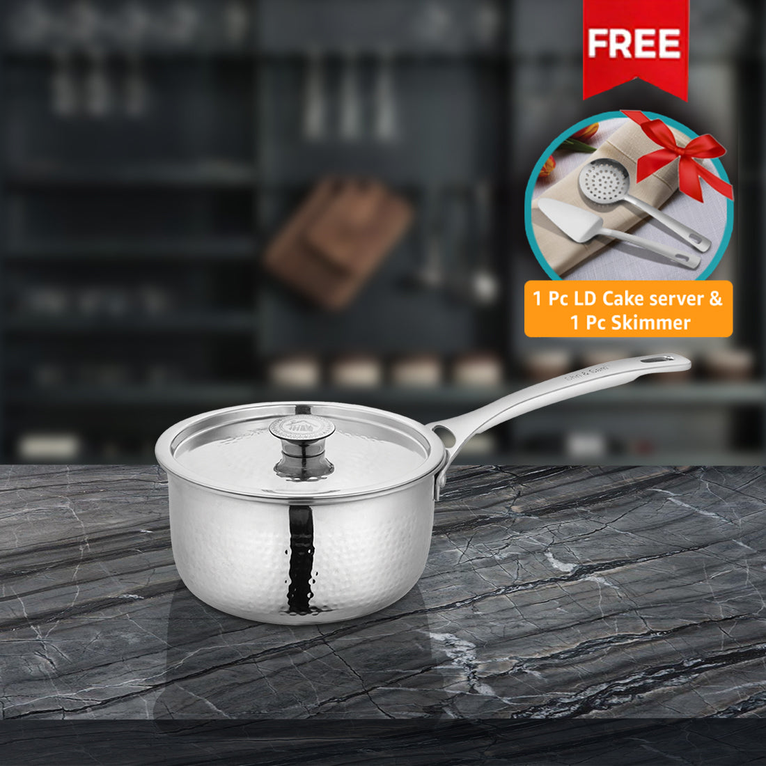 Stainless Steel Heavy Weight Hammered Sauce Pan with SS Lid Platinum