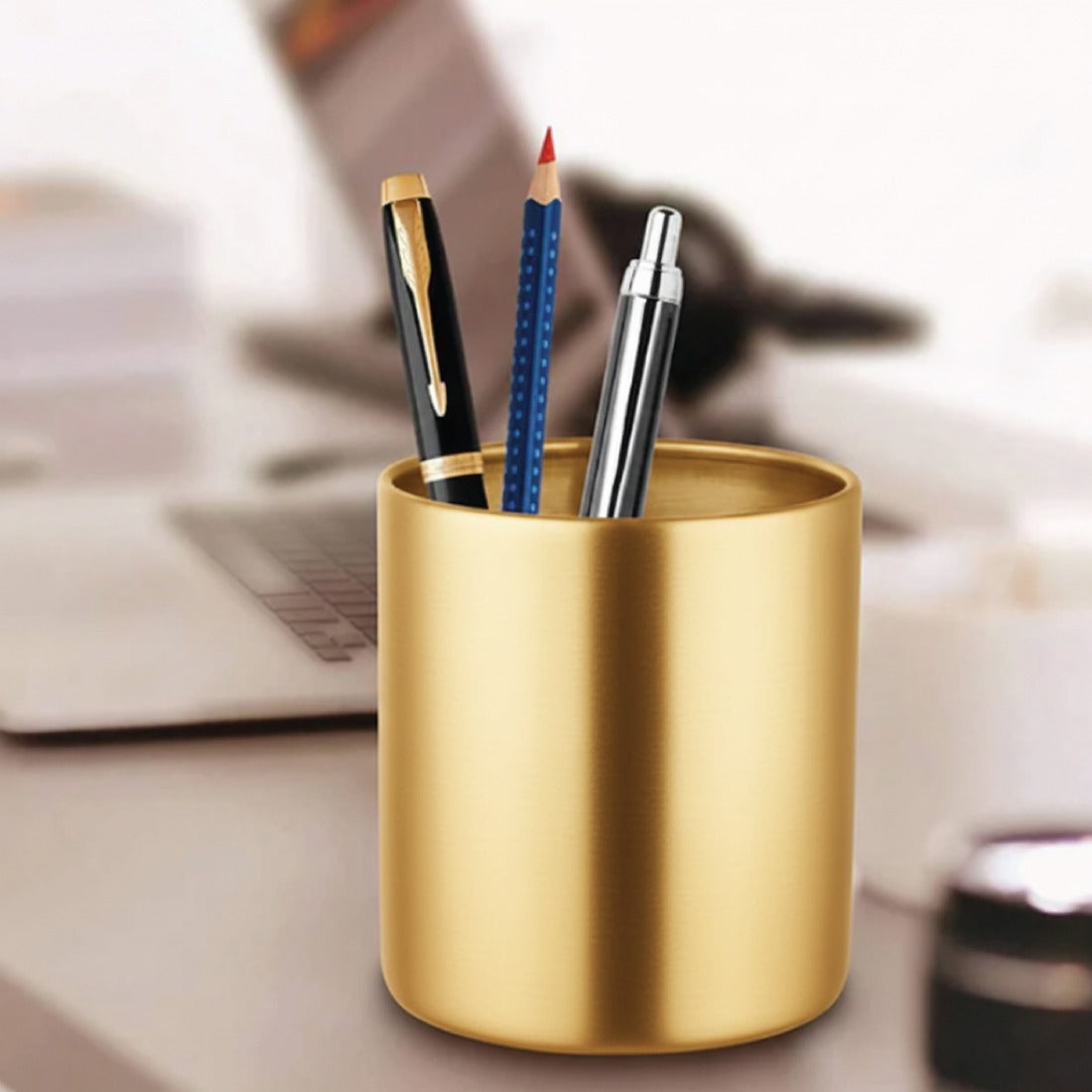 Stainless Steel Pen Holder with Gold PVD Coating