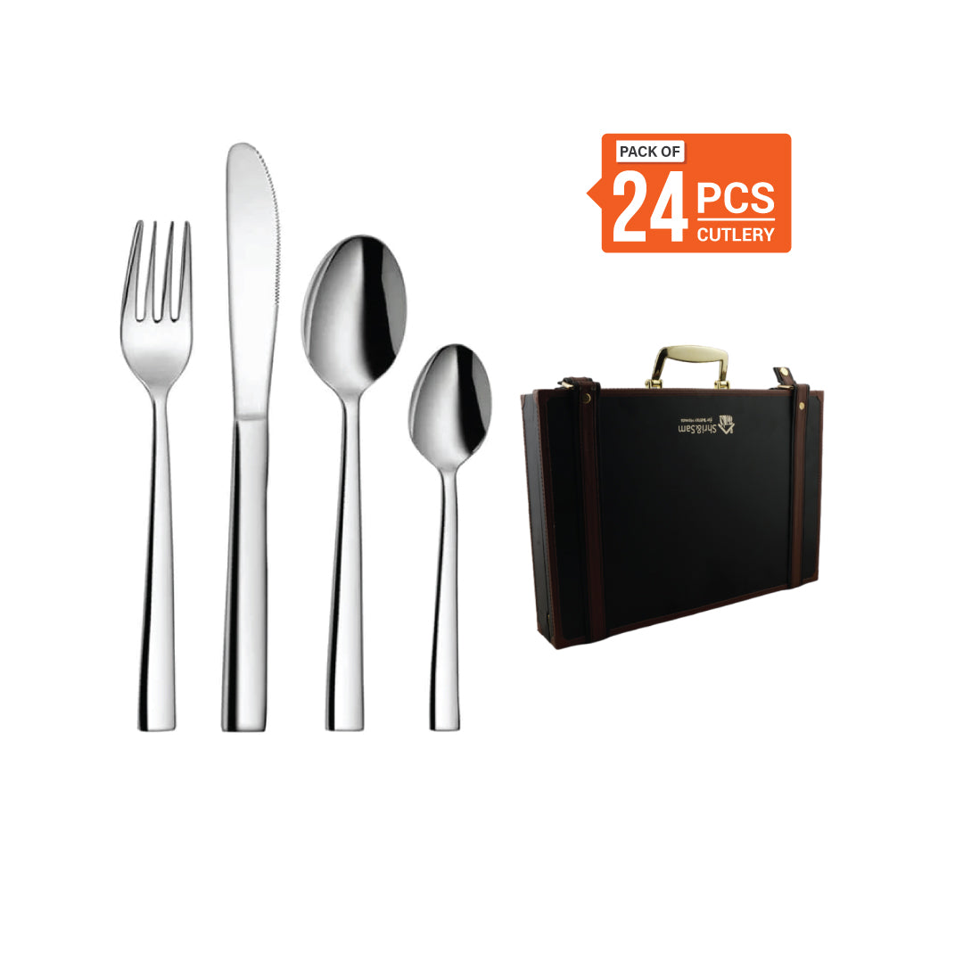 Stainless Steel 24 PCS Cutlery Set (6 Pcs Tea Spoon, 6 Pcs Dessert Spoon, 6 Pcs Dessert Fork and 6 Pcs Dessert Knife) with Leather Box Lotus Plain