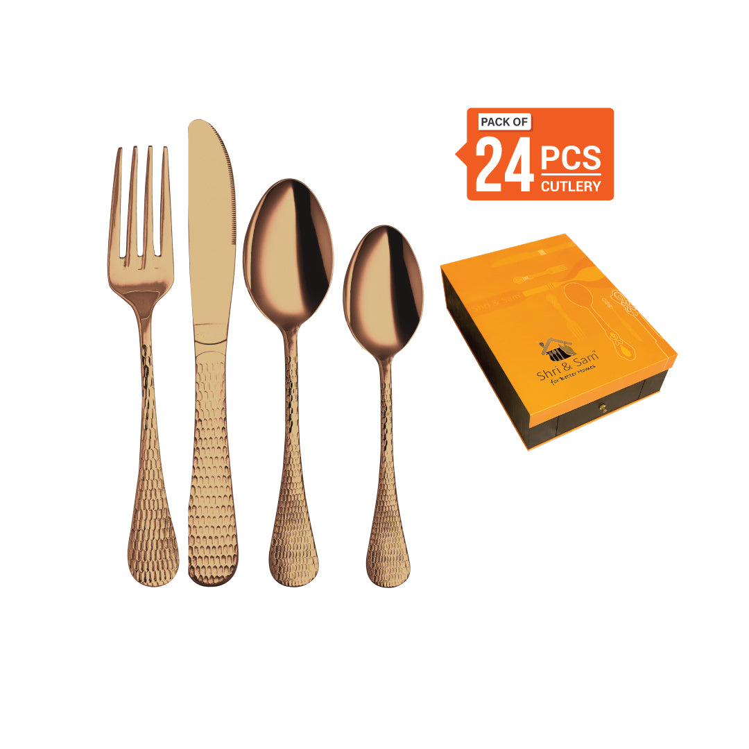 Stainless Steel 24 PCS Cutlery Set with Rose Gold PVD Coating New Rosemary Hammered