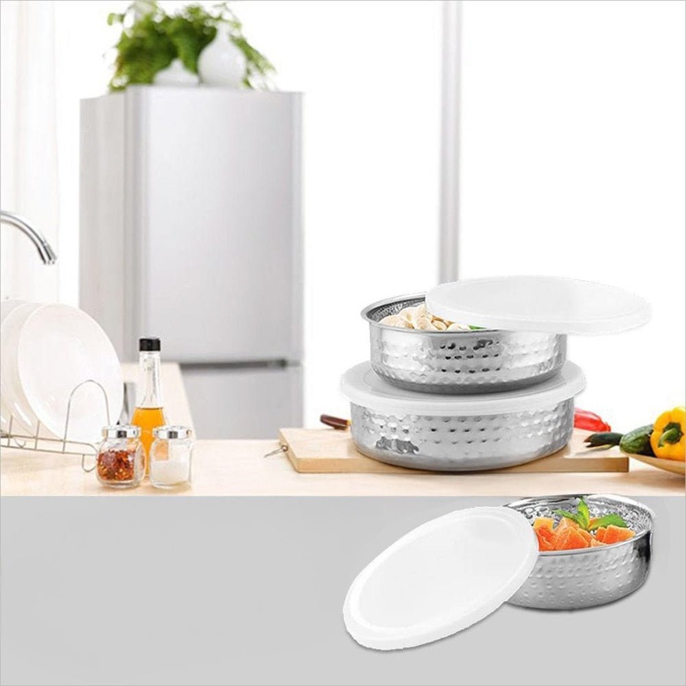 Stainless Steel 3 PCS Hammered Bowl with Plastic Lid