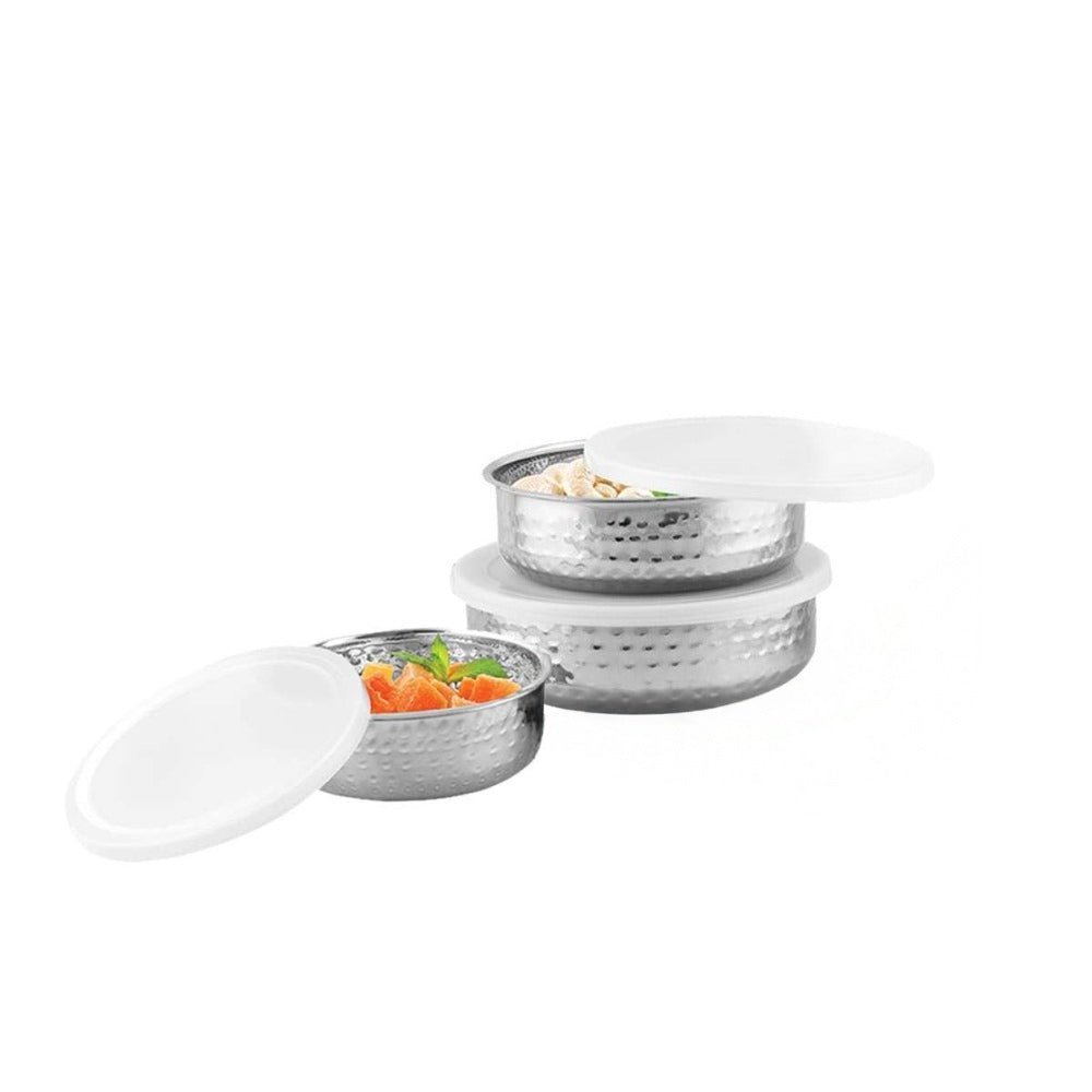 Stainless Steel 3 PCS Hammered Bowl with Plastic Lid