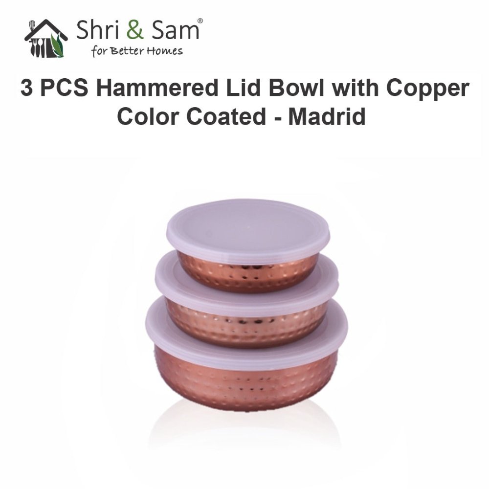Stainless Steel 3 PCS Hammered Lid Bowl with Copper Color Coated Madrid