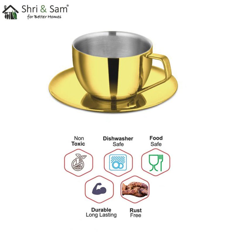 Stainless Steel 4 PCS Double Wall Cup and Saucer with Gold PVD Coating Espresso