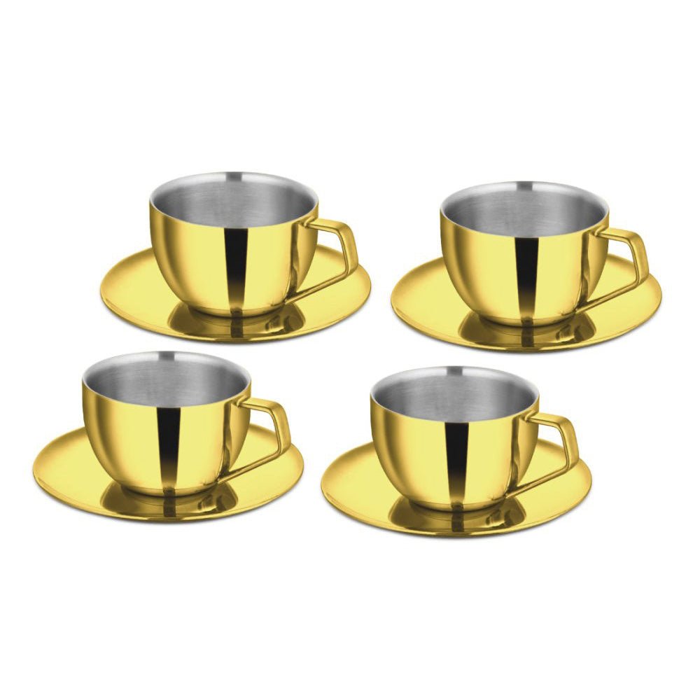 Stainless Steel 4 PCS Double Wall Cup and Saucer with Gold PVD Coating Espresso