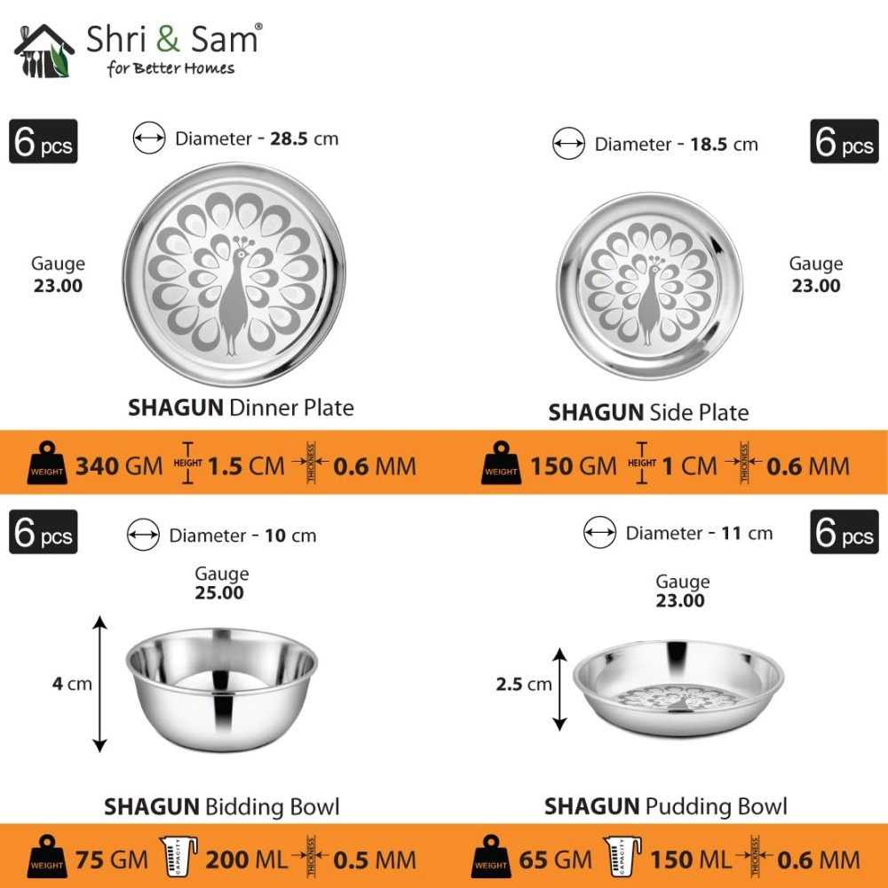 Stainless Steel 50 Pcs Dinner Set (6 People) Shagun with Peacock Laser Deign