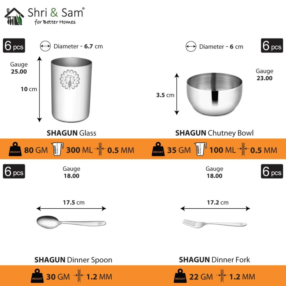 Stainless Steel 50 Pcs Dinner Set (6 People) Shagun with Peacock Laser Deign