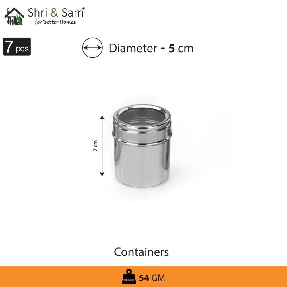 Stainless Steel Small Masala Box with See Through Lid and 7 Containers with Spoon