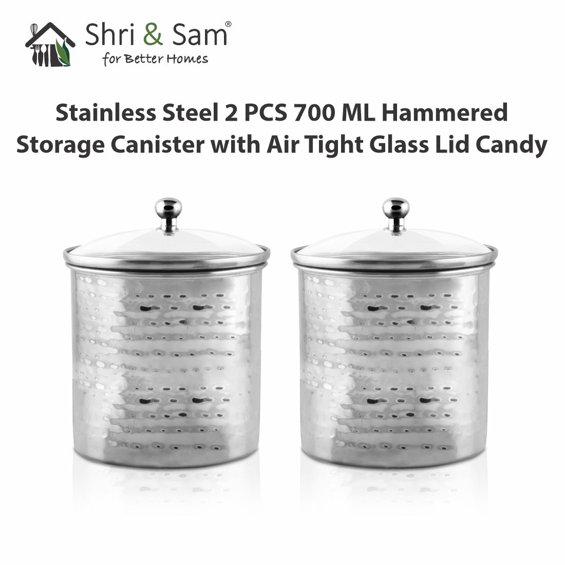 Stainless Steel 2 PCS 700 ML Hammered Storage Canister with Air Tight Glass Lid Candy