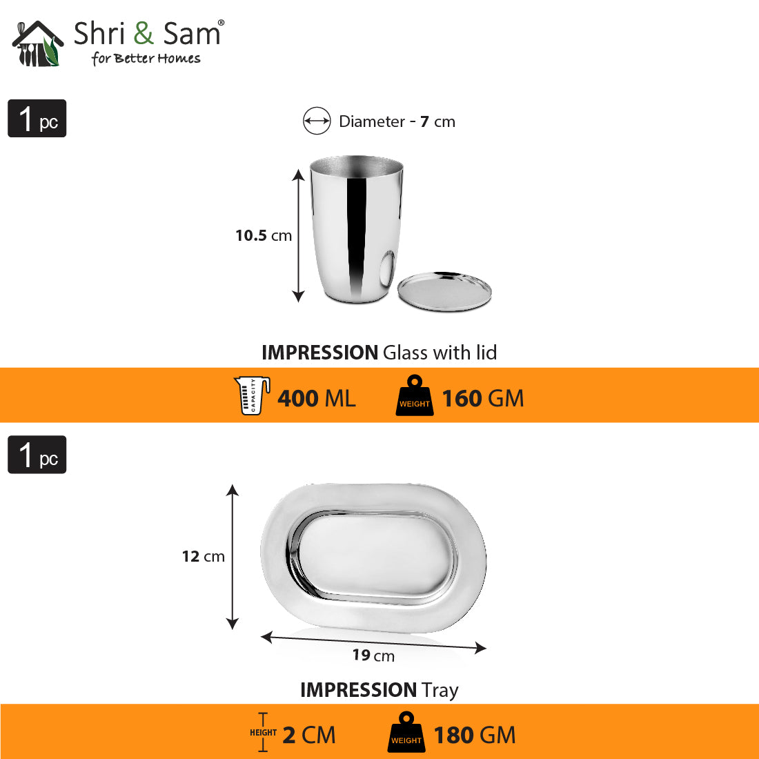 Stainless Steel 2 PCS Glass with SS Lid & SS Tray Impression