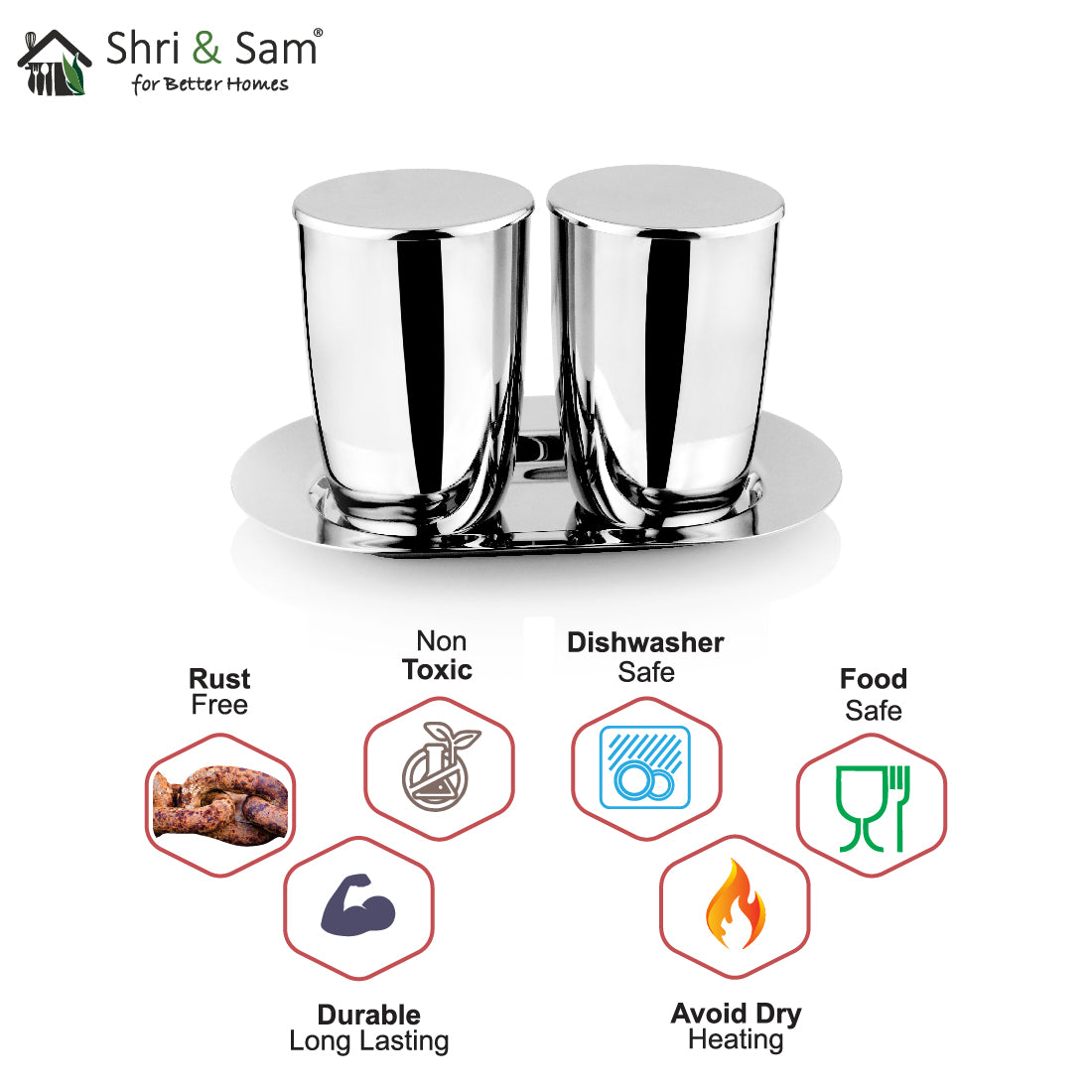 Stainless Steel 2 PCS Glass with SS Lid & SS Tray Impression