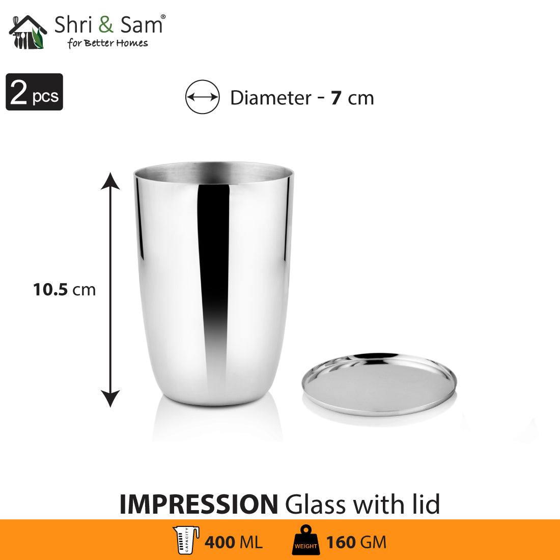 Stainless Steel 2 PCS Glass with SS Lid Impression