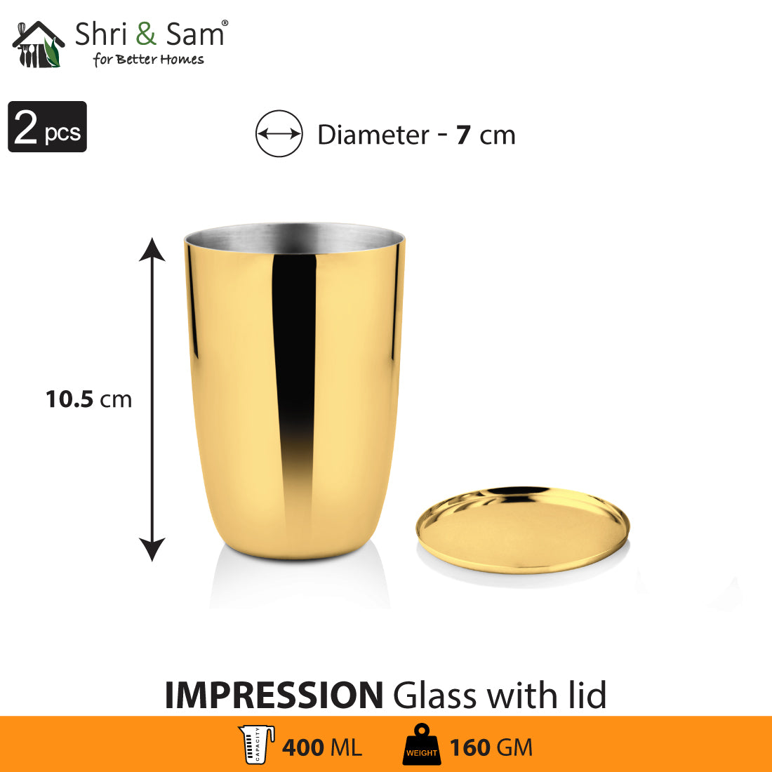 Stainless Steel 2 PCS Gold PVD Coated Glass with SS Lid Impression