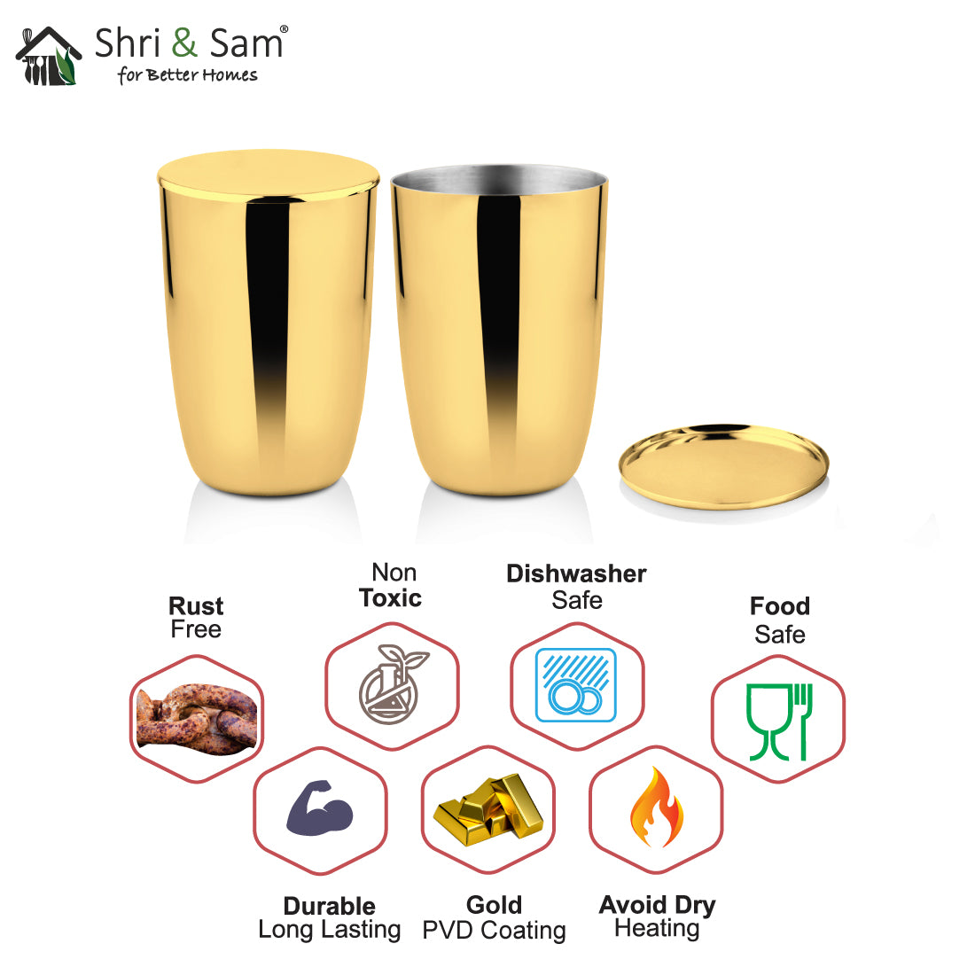 Stainless Steel 2 PCS Gold PVD Coated Glass with SS Lid Impression