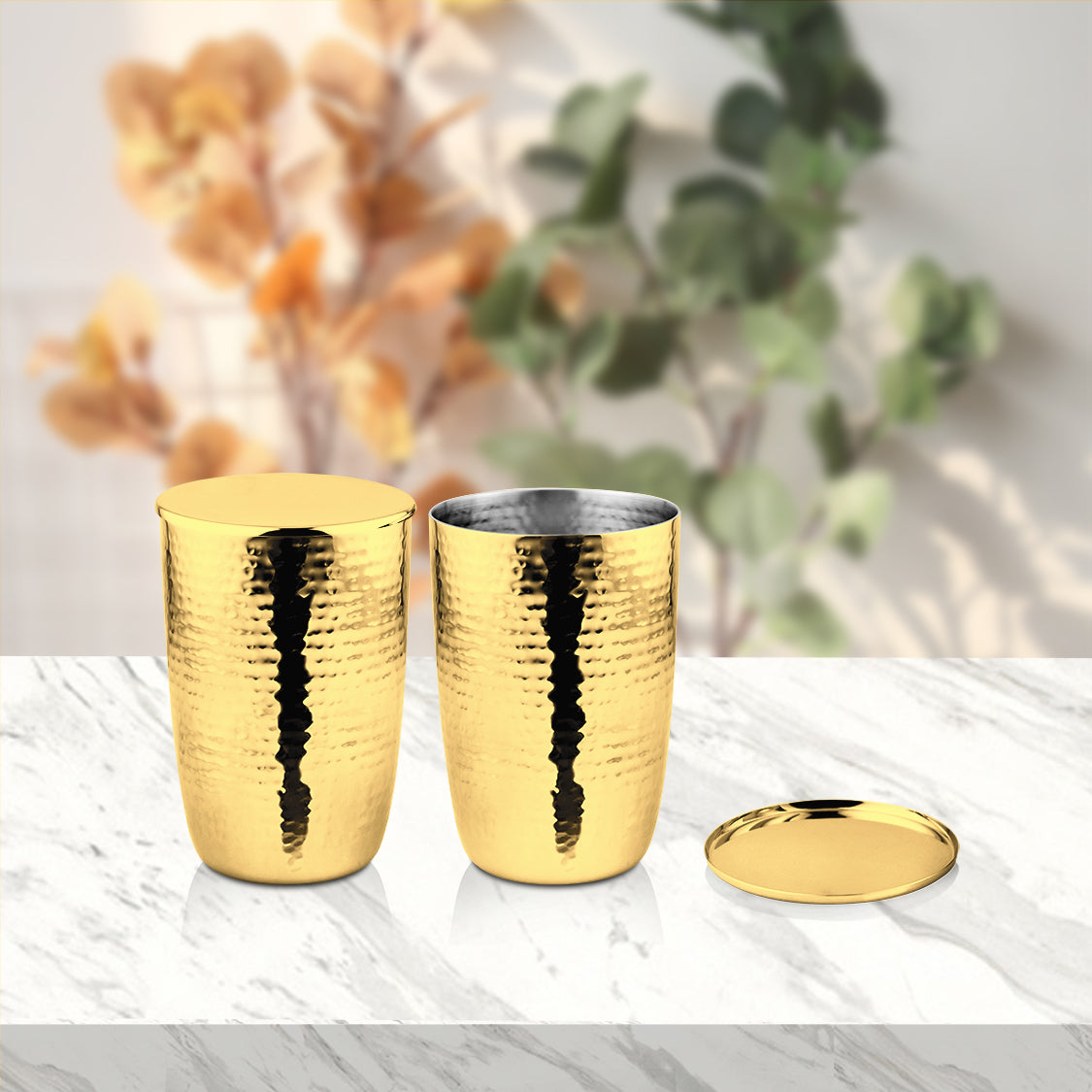Stainless Steel 2 PCS Gold PVD Coated Hammered Glass with SS Lid Impression