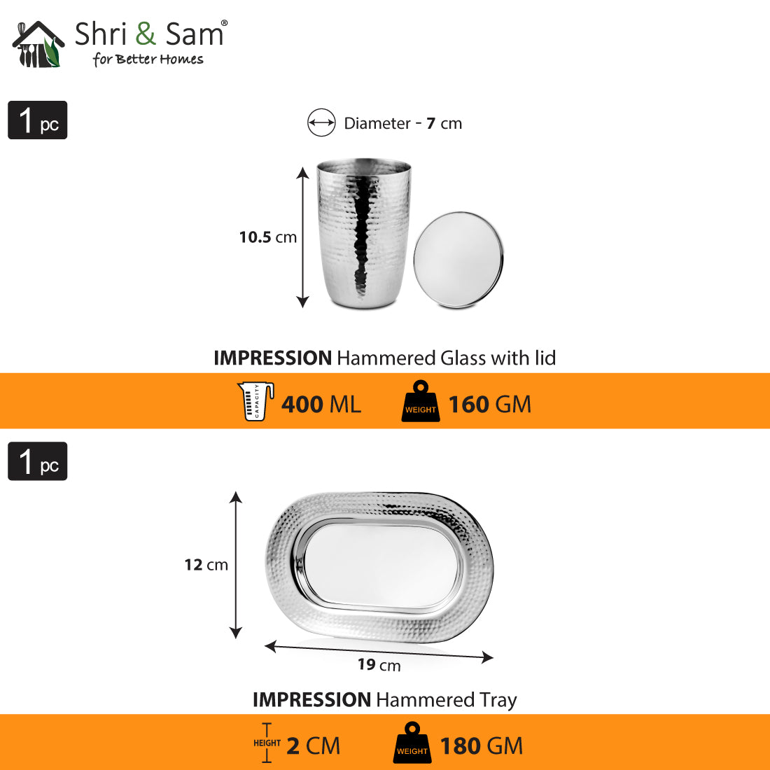 Stainless Steel 2 PCS Hammered Glass with SS Lid & SS Tray Impression