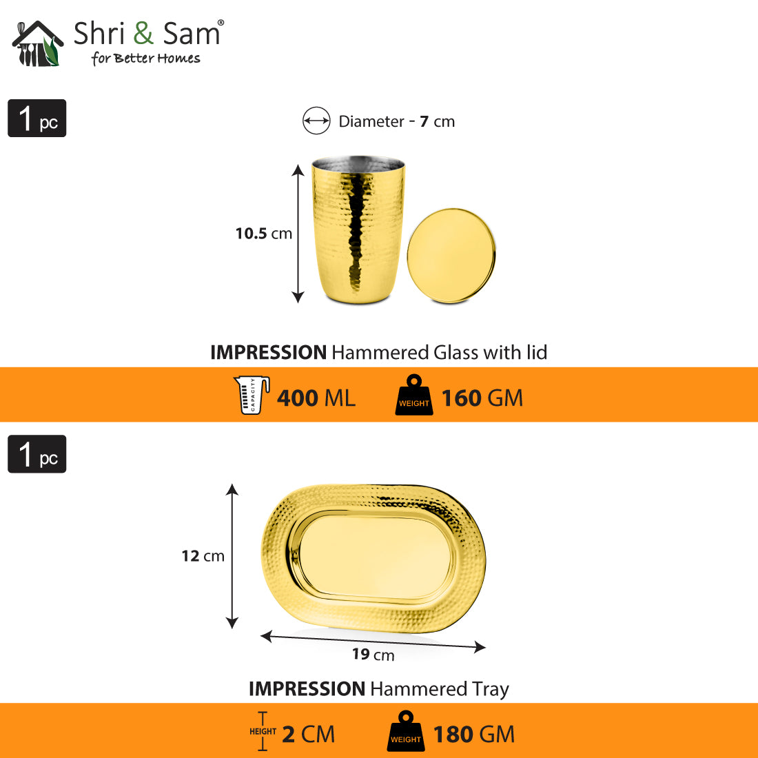 Stainless Steel 2 PCS Gold PVD Coated Hammered Glass with SS Lid & SS Tray Impression