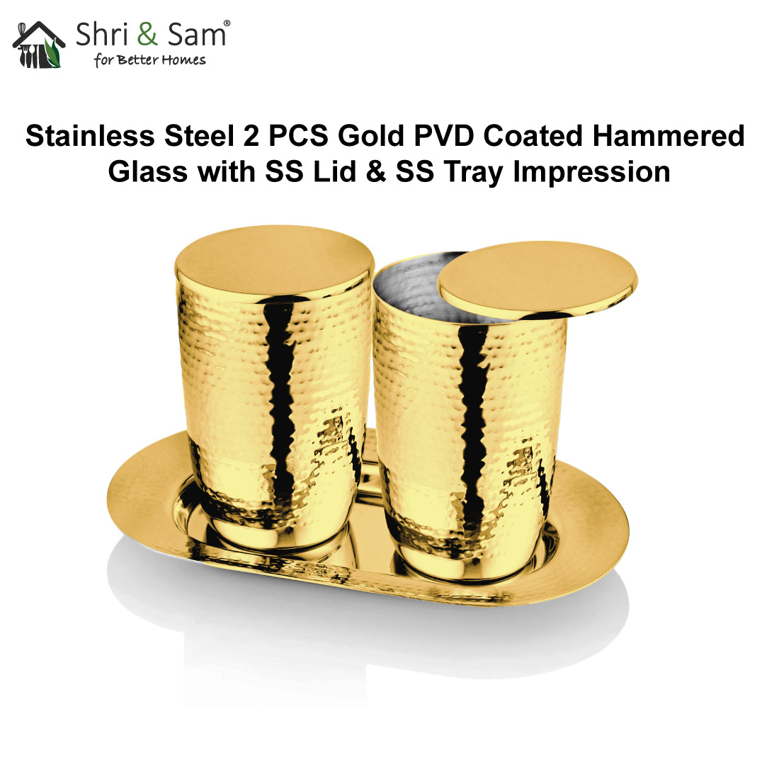 Stainless Steel 2 PCS Gold PVD Coated Hammered Glass with SS Lid & SS Tray Impression