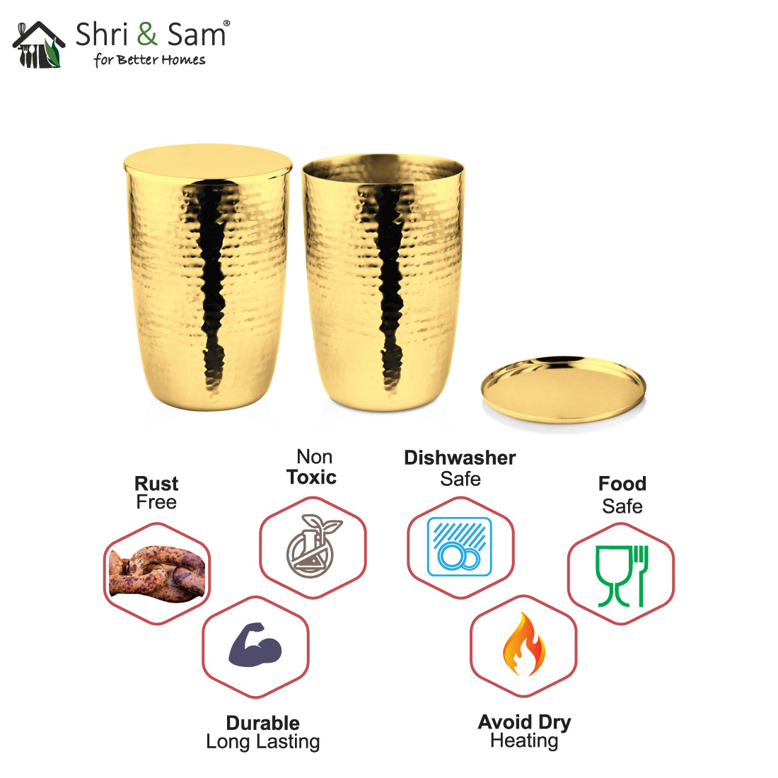 Stainless Steel 2 PCS Gold PVD Coated Hammered Glass with SS Lid Impression