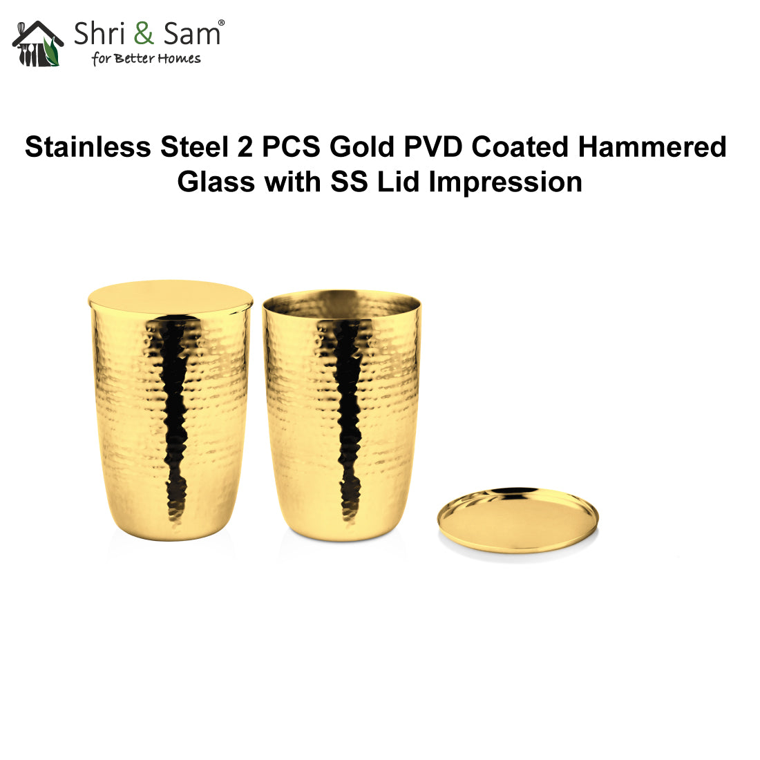 Stainless Steel 2 PCS Gold PVD Coated Hammered Glass with SS Lid Impression