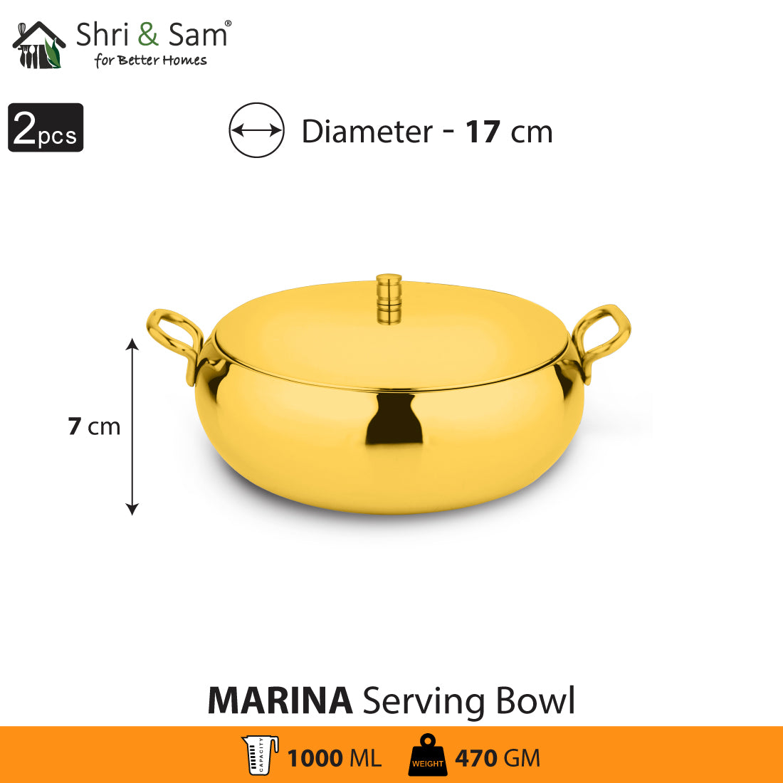 Stainless Steel 2 PCS Serving Bowl and Lid with Gold PVD Coating Marina