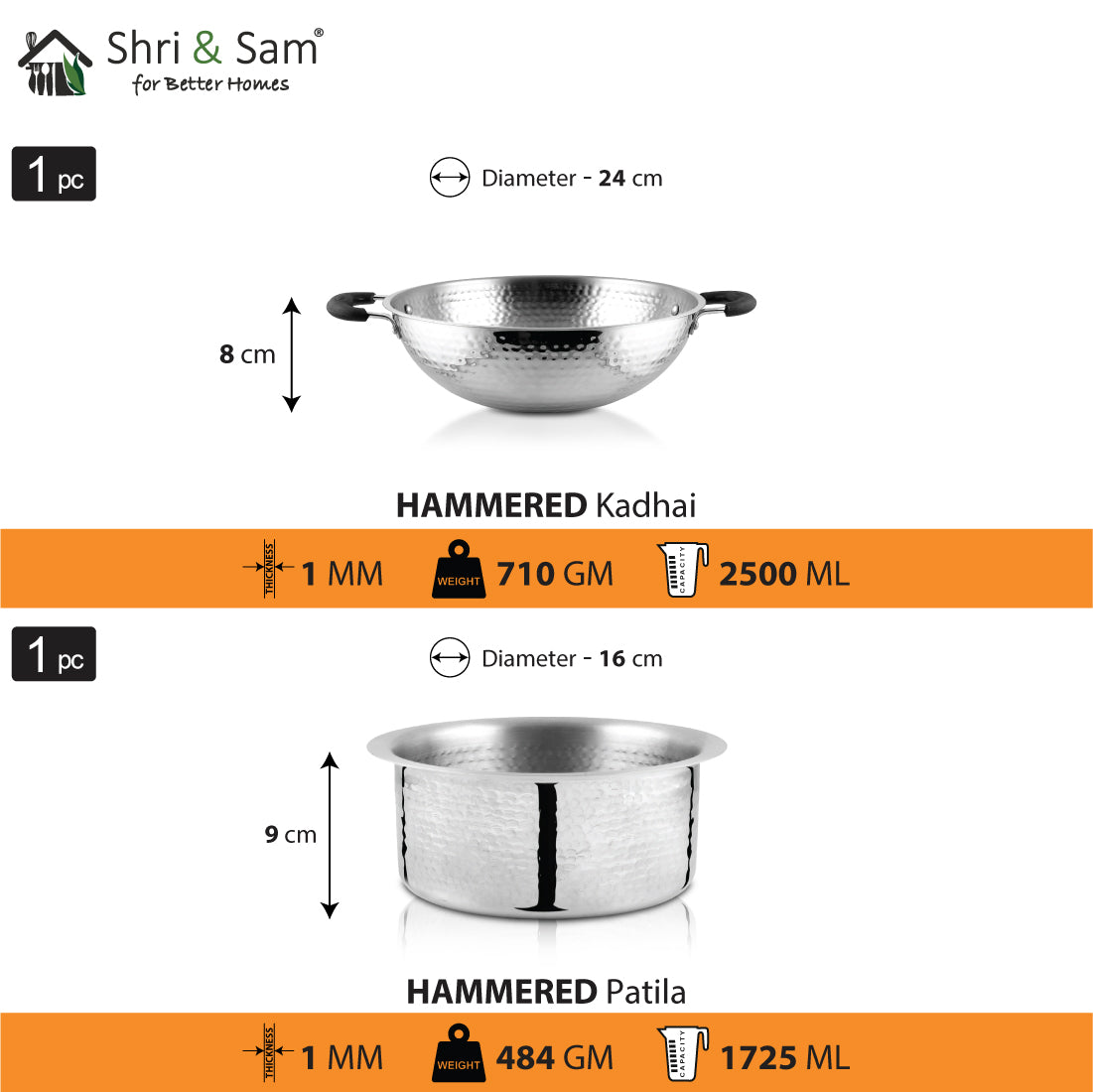 Stainless Steel 2 PCS Hammered Light Weight Cookware Set