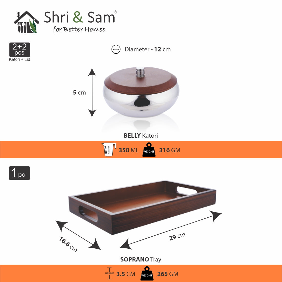 Stainless Steel 2 PCS Bowl with Wooden Tray and Lid Soprano