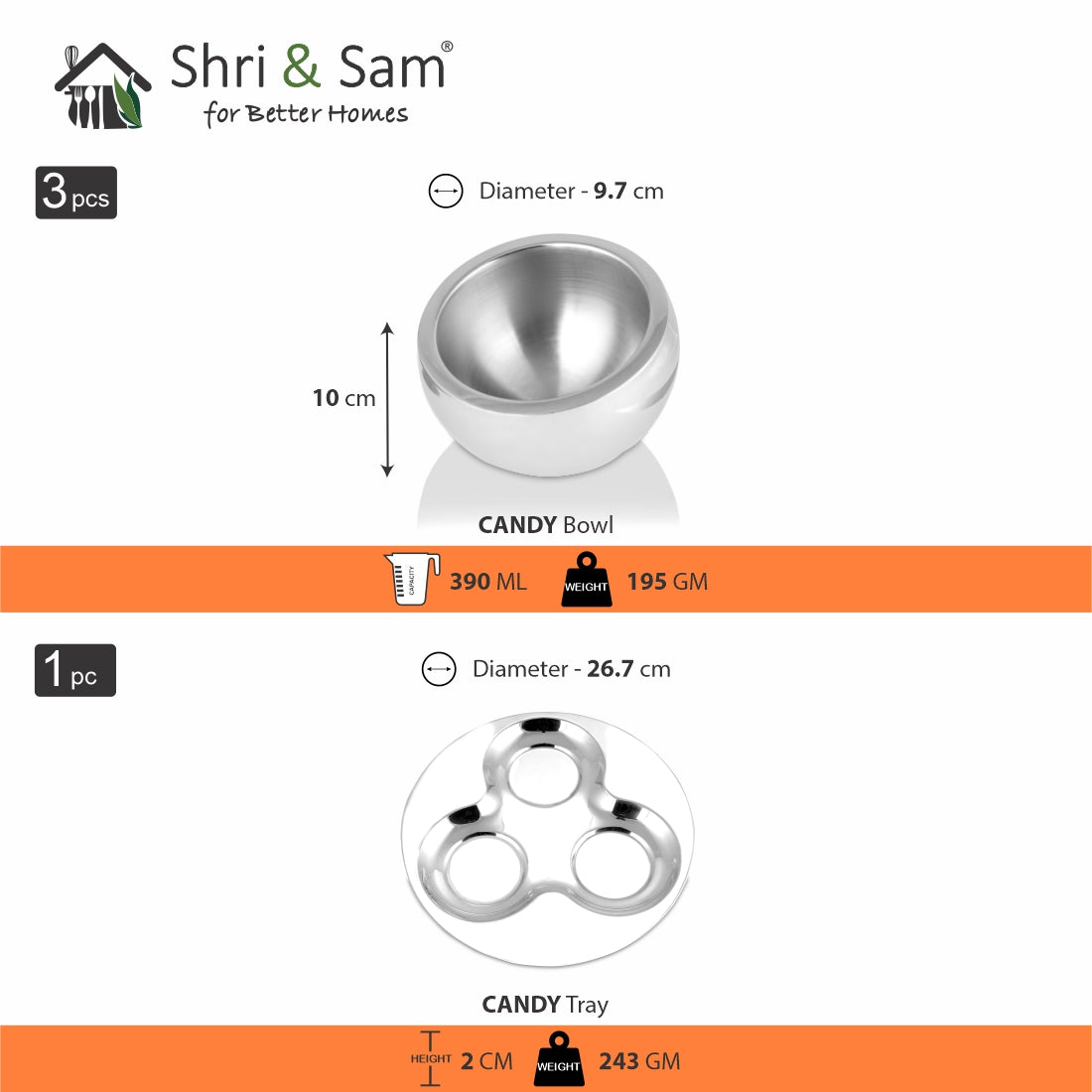 Stainless Steel 3 PCS Tilt Bowl with Tray Candy